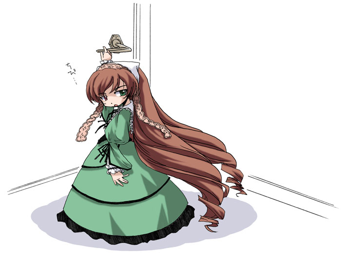 suiseiseki, rozen maiden, 00s, 1girl, brown eyes, door, dress, female focus, green dress, headscarf, heterochromia, indoors, long hair, looking at another, solo, standing, very long hair, white headscarf