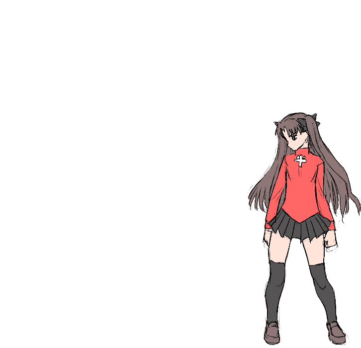 tohsaka rin, fate/stay night, fate (series), animated, animated gif, 00s, 1girl, black hair, black thighhighs, blouse, bow, brown shoes, cross, female focus, full body, kicking, panties, pantyshot, print shirt, red shirt, shirt, shoes, skirt, solo, thighhighs, transparent background, turtleneck, twintails, two side up, underwear, upskirt