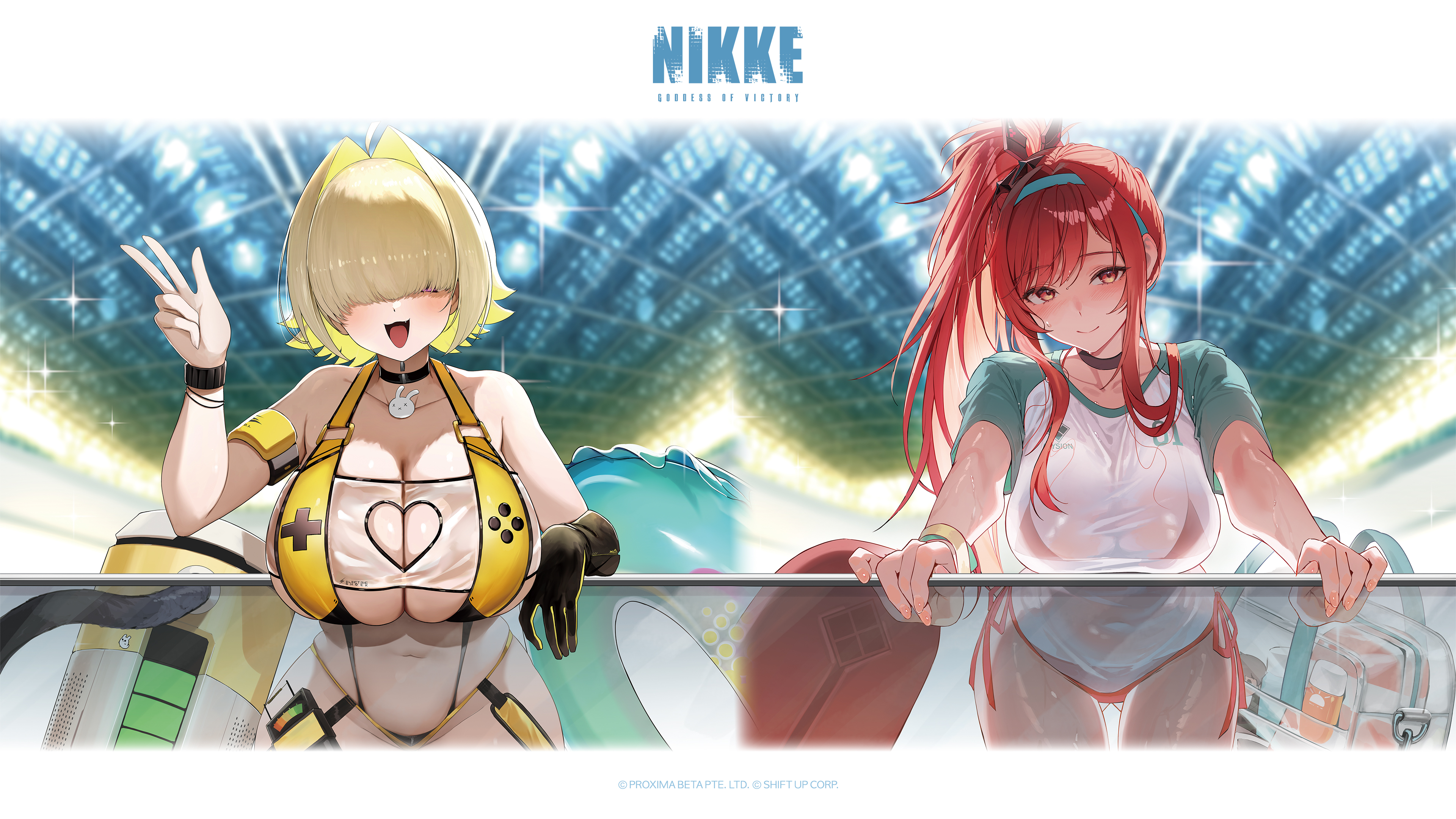 elegg (boom and shock) (nikke), elegg (nikke), rapi (nikke), rapi (red hood) (red flavor) (nikke), goddess of victory: nikke, absurdres, artist request, highres, official art, 2girls, :d, ahoge, bag, bikini, black choker, blonde hair, blush, breasts, choker, cleavage, copyright name, gloves, hair intakes, high ponytail, huge breasts, innertube, large breasts, looking at viewer, multiple girls, open mouth, ponytail, red bikini, red hair, see-through clothes, see-through shirt, shirt, short hair, single glove, smile, swim ring, swimsuit, w, wet, wet clothes, wet shirt