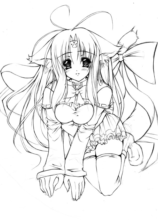 artist request, 1girl, animal ears, blush, cat ears, cat tail, female focus, greyscale, long hair, monochrome, ribbon, shoes, skirt, smile, solo, tail, thighhighs