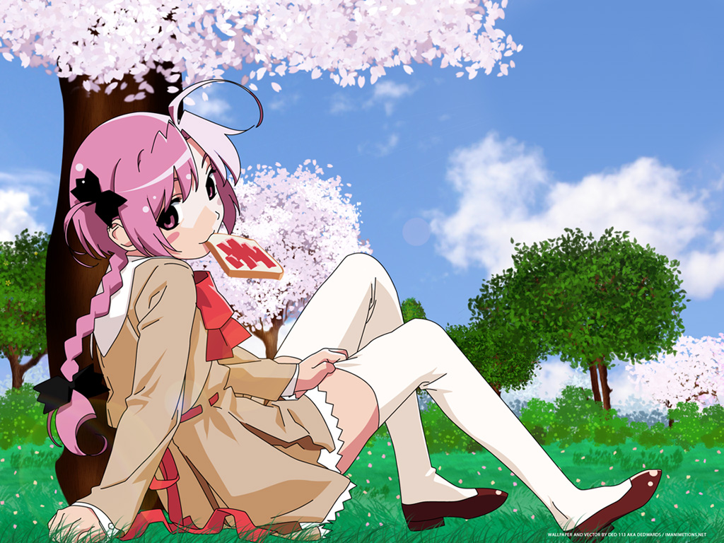 watanabe akio, nakahara komugi, nurse witch komugi-chan, 00s, 1girl, arm support, blazer, bread, bread slice, female focus, food, food in mouth, jacket, mouth hold, pink eyes, pink hair, school uniform, solo, thighhighs, toast, toast in mouth, white thighhighs