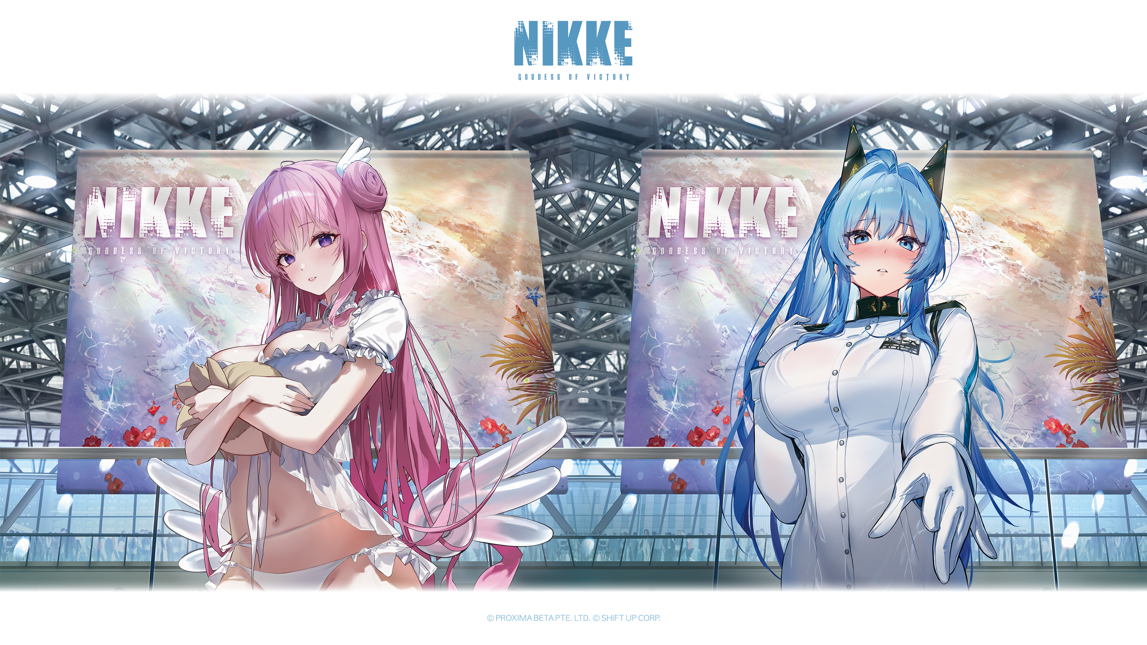dorothy (nikke), dorothy (serendipity) (nikke), helm (aqua marine) (nikke), helm (nikke), pinne (nikke), goddess of victory: nikke, absurdres, artist request, highres, official art, 2girls, bikini, blue eyes, blue hair, blush, breasts, copyright name, gloves, hair ornament, holding, holding stuffed toy, large breasts, long hair, looking at viewer, low wings, multiple girls, navel, parted lips, pink hair, purple eyes, shirt, stomach, stuffed toy, swimsuit, very long hair, white bikini, white gloves, white shirt, white wings, wing hair ornament, wings