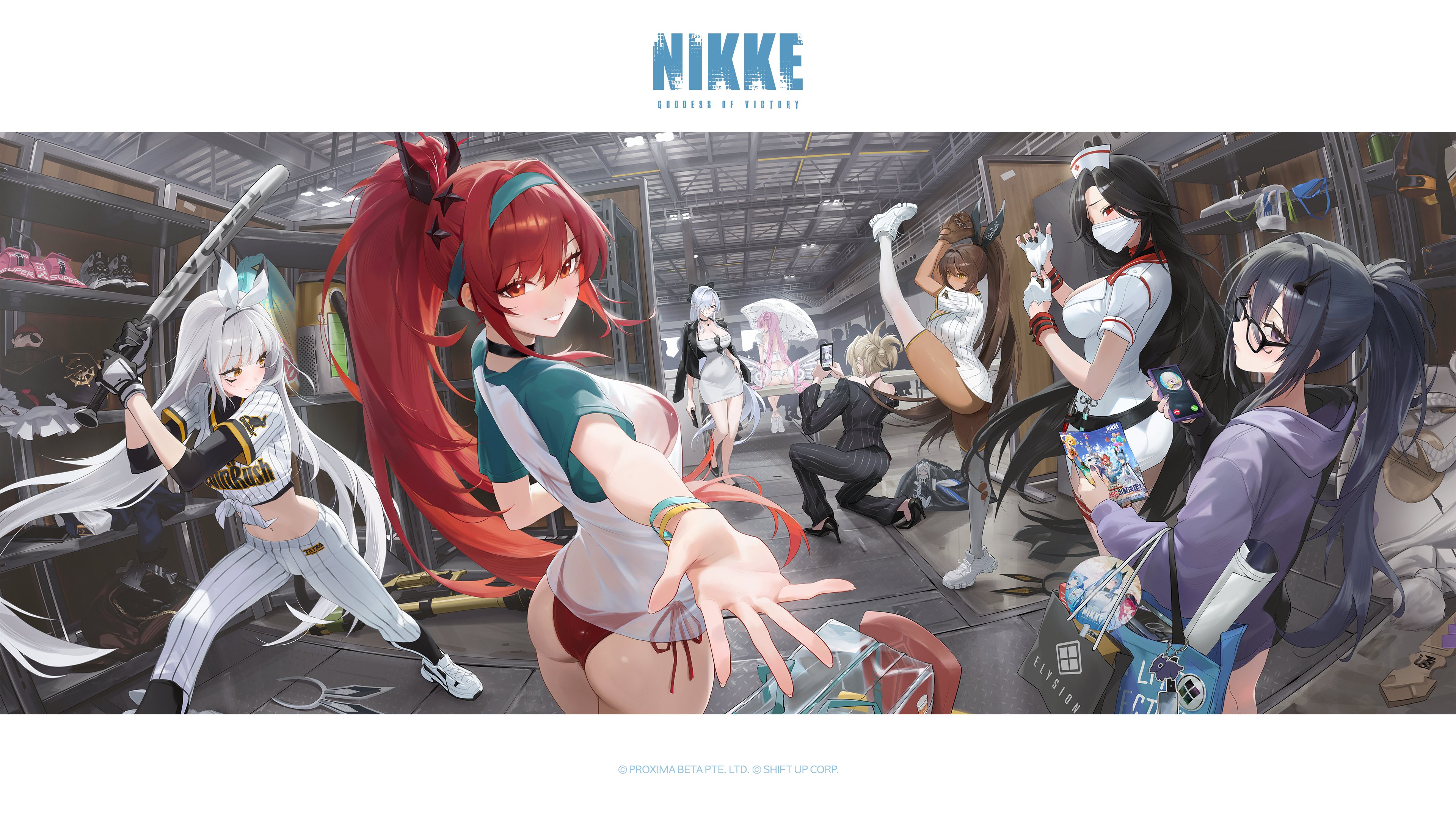 rucarachi, blanc (nikke), blanc (no. 77 batter) (nikke), cinderella (beautiful me) (nikke), cinderella (nikke), dorothy (nikke), dorothy (serendipity) (nikke), exia (gamer) (nikke), exia (nikke), grave (beautiful you) (nikke), grave (nikke), maiden (covert nurse) (nikke), maiden (nikke), noir (baseball cheerleader) (nikke), noir (nikke), rapi (nikke), rapi (red hood) (nikke), rapi (red hood) (red flavor) (nikke), goddess of victory: nikke, absurdres, highres, official art, 6+girls, 6+others, ass, bag, baseball bat, baseball jersey, bikini, black-framed eyewear, black hair, black pants, black shirt, blonde hair, breasts, brown hair, cellphone, copyright name, dark-skinned female, dark skin, dress, fingerless gloves, glasses, gloves, hat, holding, holding baseball bat, holding phone, holding umbrella, hood, hoodie, indoors, jersey, large breasts, long hair, long sleeves, looking at another, looking back, mask, mouth mask, multiple girls, multiple others, nurse, nurse cap, pants, phone, pink hair, pitching, ponytail, purple hoodie, reaching, reaching towards viewer, red bikini, red eyes, red hair, shelf, shirt, shoes, short sleeves, smartphone, smile, sneakers, socks, standing, sunglasses, swimsuit, swinging baseball bat, t-shirt, umbrella, unworn eyewear, weapon, white gloves, white shirt, white shoes, white socks, yellow eyes