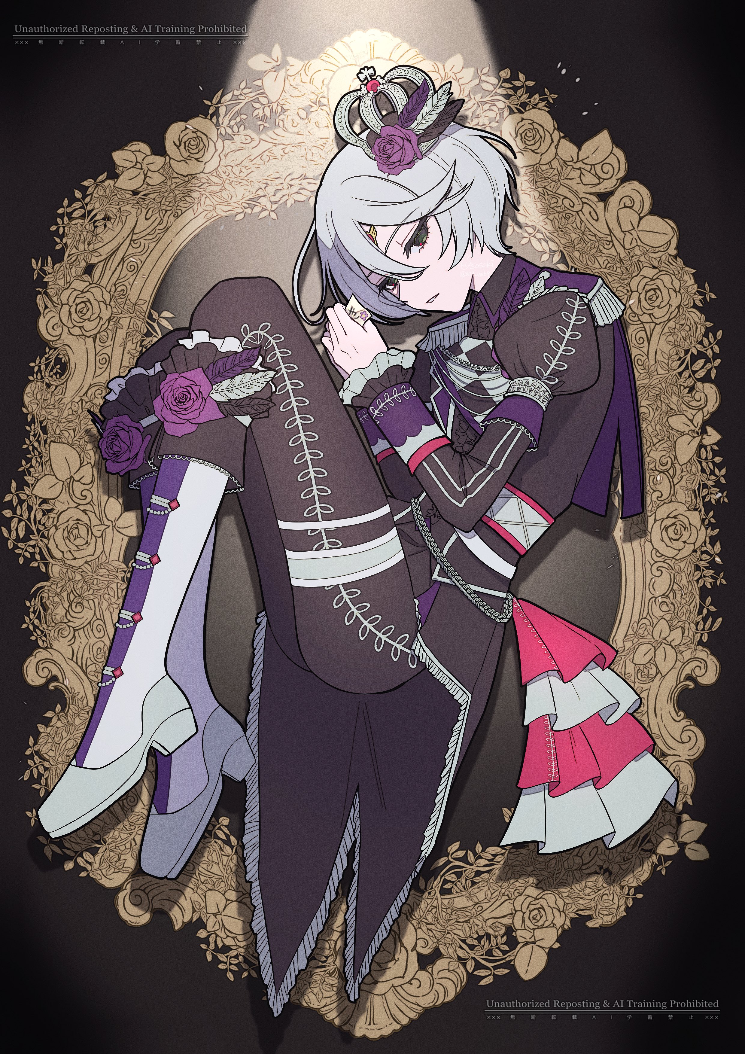 shikyoin hibiki, pretty series, pripara, absurdres, commentary request, highres, 1girl, aiguillette, black background, black jacket, black pants, boots, crown, epaulettes, expressionless, flower, full body, green eyes, grey hair, hair between eyes, idol clothes, jacket, juliet sleeves, knee boots, knees up, long sleeves, looking at viewer, lying, on side, pants, parted lips, puffy sleeves, purple flower, purple rose, rose, short hair, solo, spotlight, usasaki (at4 vmb9), white boots