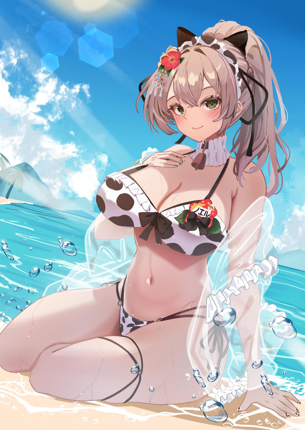 oursong (kiam pis), shirogane noel, shirogane noel (holonatsu paradise), hololive, hololive english, holonatsu paradise, highres, 1girl, animal print, bare shoulders, beach, bell, bikini, black bow, blue sky, bow, bow bikini, breasts, cleavage, cloud, cloudy sky, collar, cow print, cow print bikini, cowbell, day, detached collar, flower, frilled bikini, frills, green eyes, grey hair, hair bow, hair flower, hair ornament, halterneck, hand on own chest, hibiscus, high ponytail, in water, large breasts, looking at viewer, maid headdress, multi-strapped bikini bottom, navel, neck bell, ocean, official alternate costume, official alternate hairstyle, outdoors, ponytail, print bikini, red flower, sand, sitting, sky, smile, solo, stomach, sunlight, swimsuit, thighs, virtual youtuber, water, water drop, white bikini, white collar