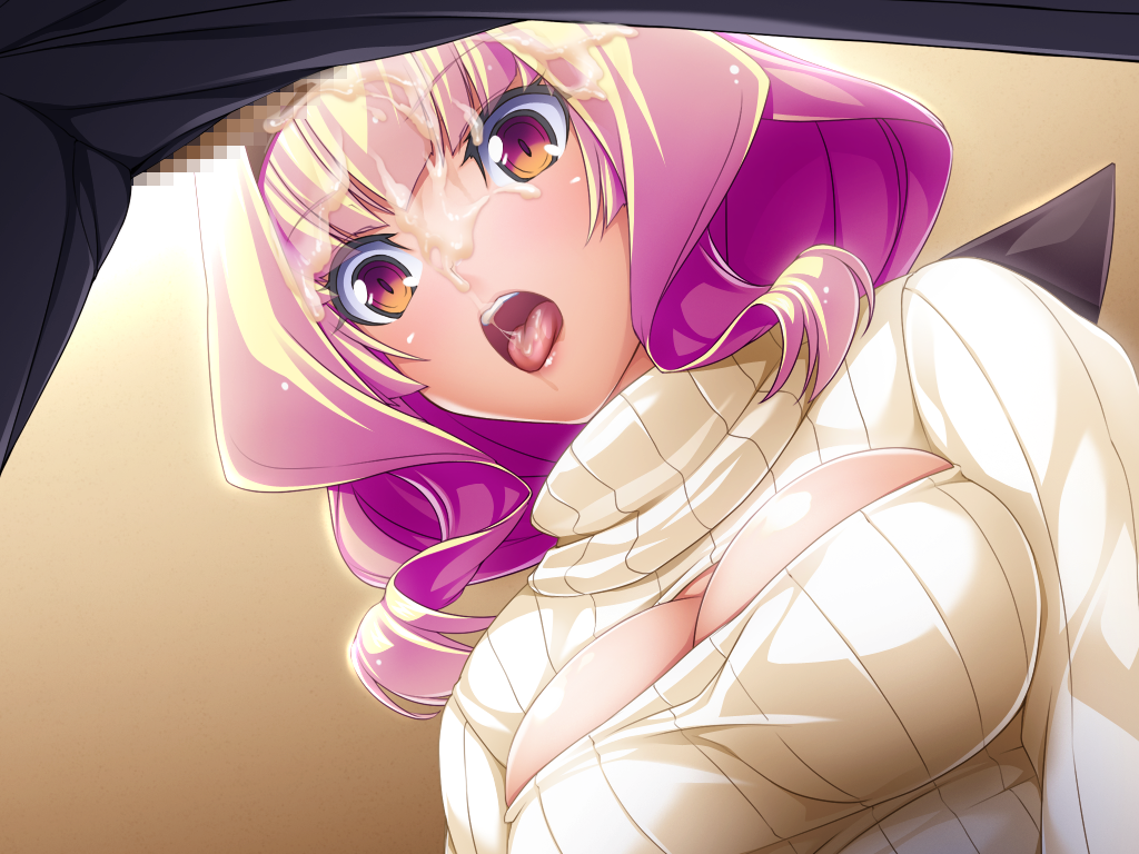 inoino, kouyoku senki exs-tia, game cg, large variant set, non-web source, official art, variant set, 1boy, 1girl, azarin (exs-tia), blush, breasts, censored, cleavage, cleavage cutout, clothing cutout, cum, cum in mouth, cum on body, cum on hair, cum on tongue, facial, from below, hairband, hetero, large breasts, long hair, mosaic censoring, multicolored hair, open-chest sweater, open mouth, orange eyes, penis, pink hair, ribbed sweater, short hair, solo focus, sweater, tongue, tongue out, turtleneck