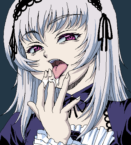 suigintou, rozen maiden, silver hair, lowres, 00s, 1girl, blue background, cum, female focus, pale skin, pink eyes, saliva, sexually suggestive, solo, tongue