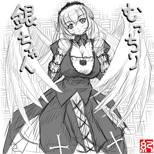 suigintou, rozen maiden, lowres, 00s, 1girl, breasts, cleavage, female focus, greyscale, large breasts, long hair, looking at viewer, monochrome, solo, wings