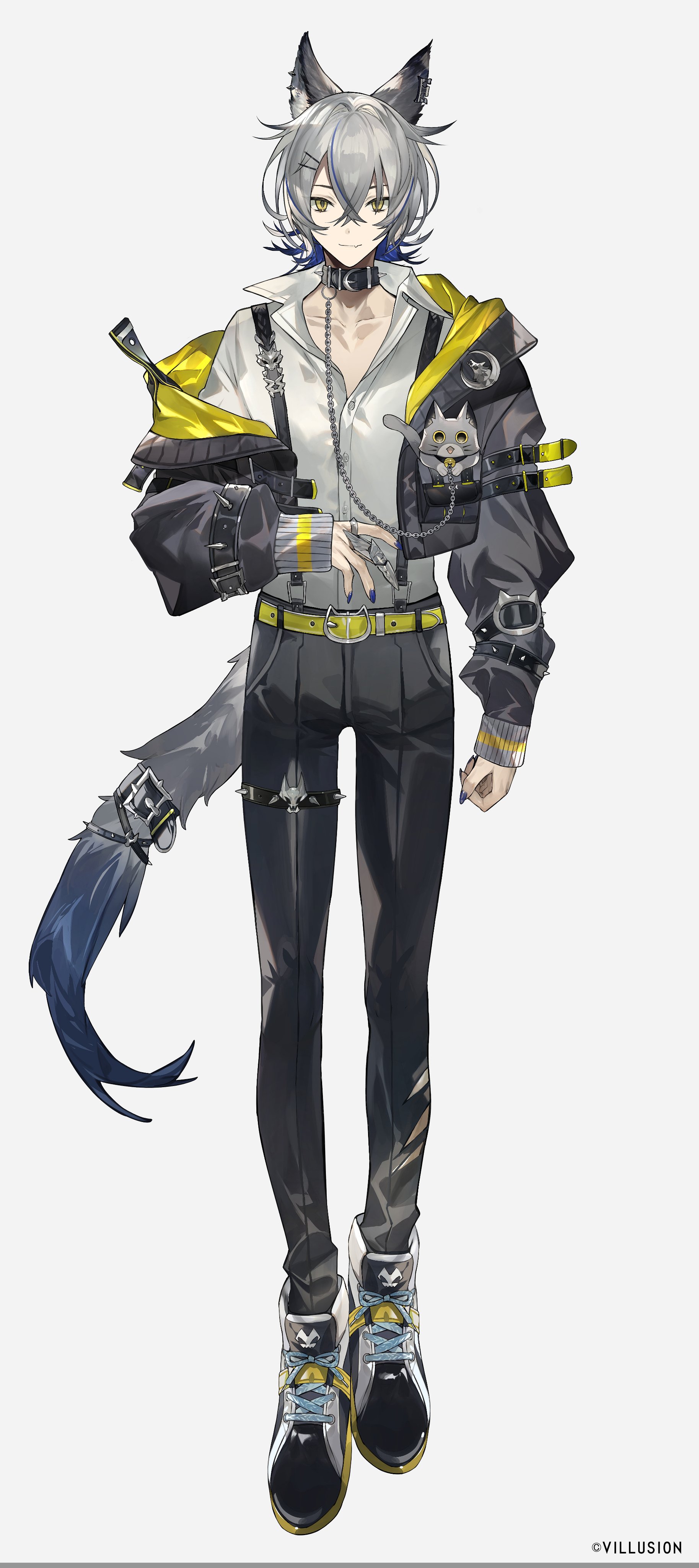 mayutsuba mono, absurdres, highres, 1boy, animal ears, belt, belt collar, black belt, black jacket, black pants, blue nails, chain, closed mouth, collar, collared shirt, copyright notice, grey background, grey hair, hair ornament, hairclip, jacket, long sleeves, looking at viewer, male focus, medium hair, nail polish, off shoulder, pants, shirt, simple background, solo, standing, tail, tsukikiba shirou, villusion, white shirt, wolf ears, wolf tail, yellow belt, yellow eyes