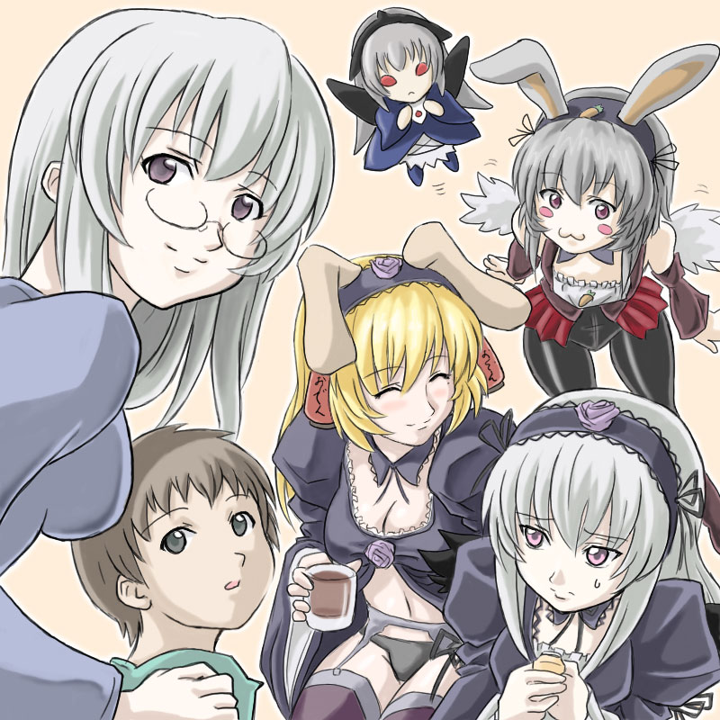 daiginjou, suigintou, futaba channel, rozen maiden, 00s, 1boy, 5girls, animal ears, black panties, breasts, brown hair, cleavage, frills, garter belt, glasses, hairband, multiple girls, panties, pink eyes, purple eyes, rabbit ears, red eyes, small breasts, thighhighs, underwear