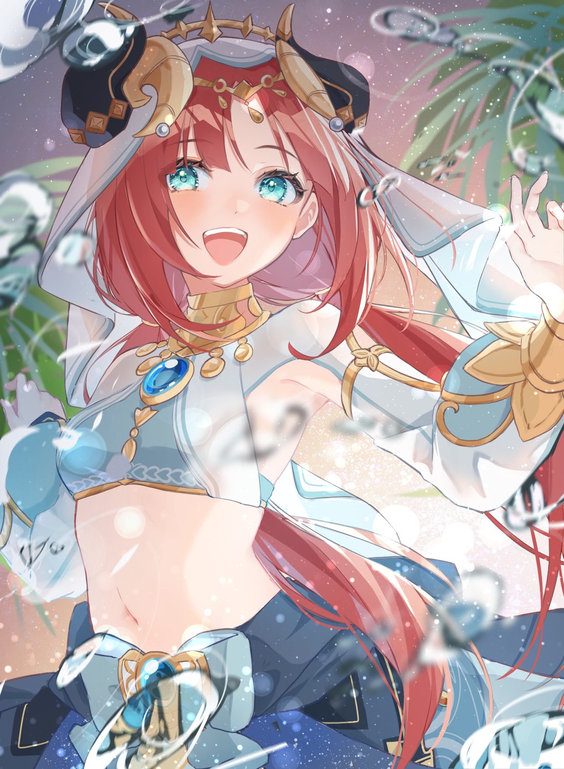 puchimu, nilou (genshin impact), genshin impact, commentary request, highres, 1girl, aqua eyes, black horns, blue brooch, blue skirt, breasts, brooch, crop top, fake horns, harem outfit, horns, jewelry, long hair, looking at viewer, midriff, navel, open mouth, red hair, skirt, small breasts, smile, solo, teeth, upper body, upper teeth only, veil, white veil