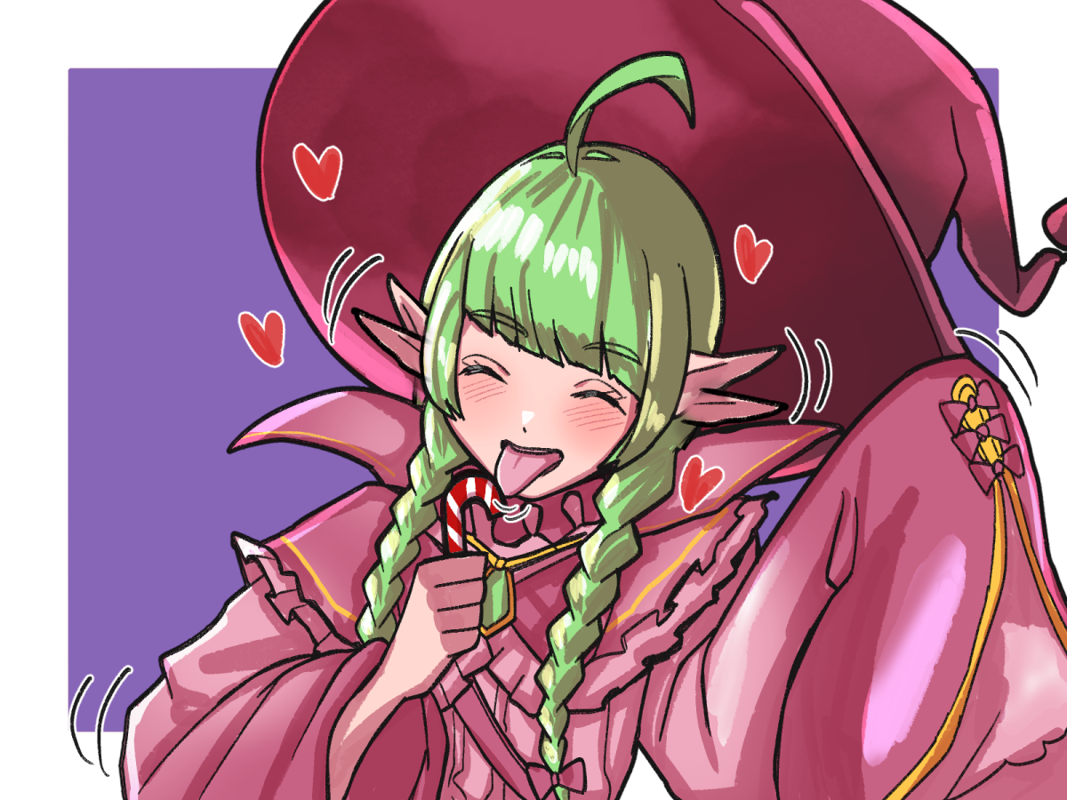 mnejing30, nah (fire emblem), fire emblem, fire emblem awakening, nintendo, commentary, english commentary, 1girl, afterimage, ahoge, alternate costume, bow, braid, candy, candy cane, closed eyes, ear wiggle, food, green hair, hair bow, hat, holding, holding candy, holding food, jewelry, licking, long hair, long sleeves, motion lines, mystical high collar, necklace, sharp teeth, sleeves past fingers, sleeves past wrists, smile, solo, teeth, tongue, tongue out, twin braids, witch, witch hat