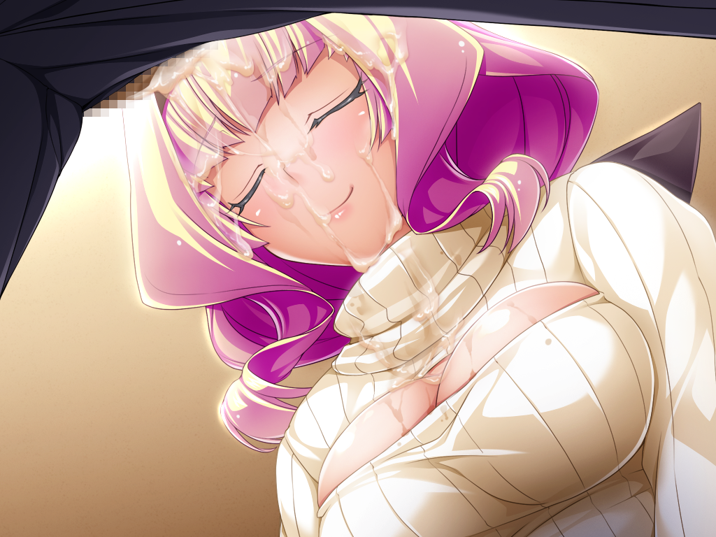 inoino, kouyoku senki exs-tia, game cg, large variant set, non-web source, official art, variant set, 1boy, 1girl, azarin (exs-tia), blush, breasts, censored, cleavage, cleavage cutout, closed eyes, clothing cutout, cum, cum on body, cum on breasts, cum on clothes, cum on hair, cum on upper body, facial, from below, hairband, hetero, large breasts, long hair, mosaic censoring, multicolored hair, open-chest sweater, penis, pink hair, ribbed sweater, short hair, smile, solo focus, sweater, turtleneck