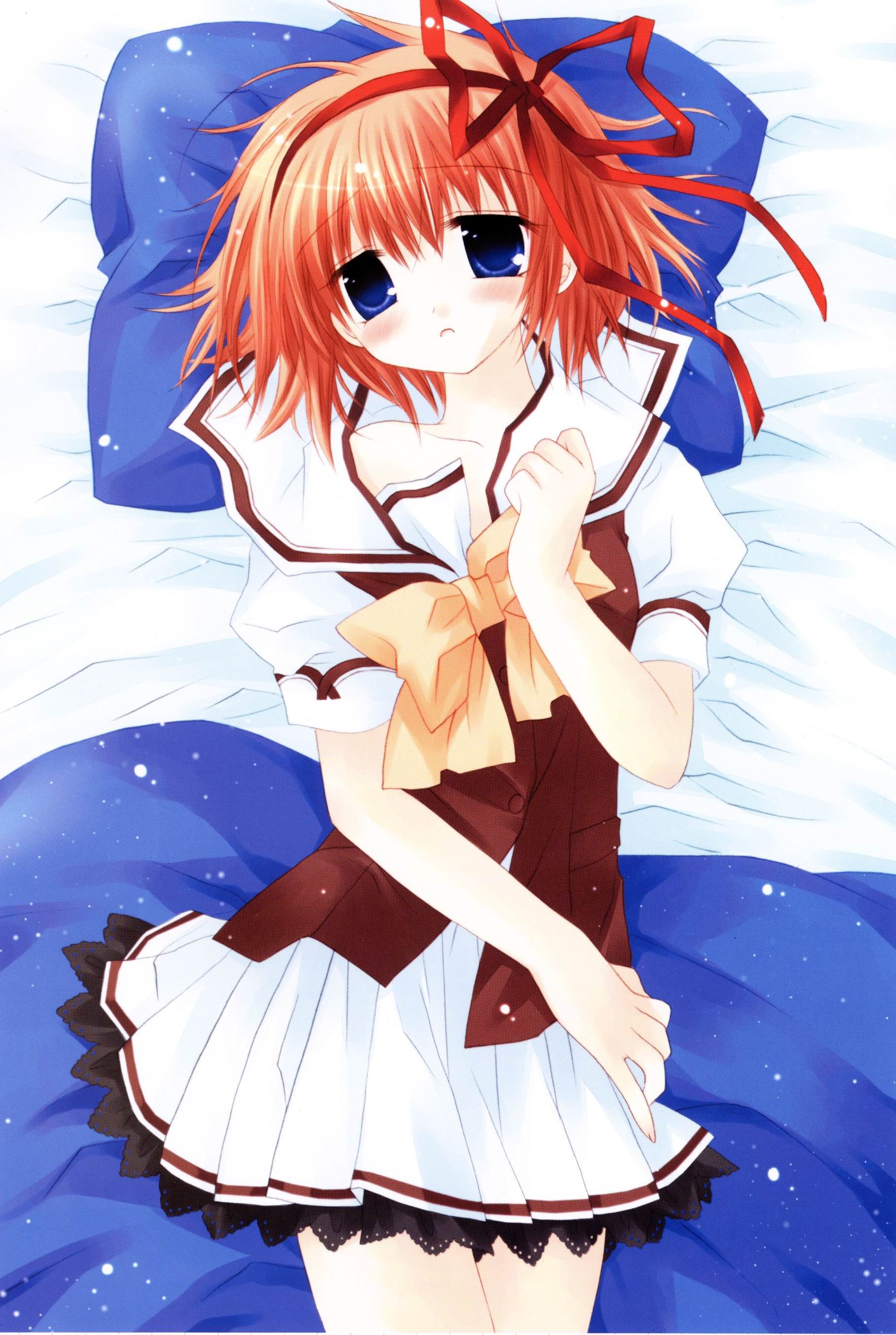 sakurazawa izumi, fuyou kaede, shuffle!, absurdres, highres, 00s, blue eyes, blush, bow, dress, hair bow, hair ribbon, orange hair, ribbon, school uniform, serafuku, short hair, solo