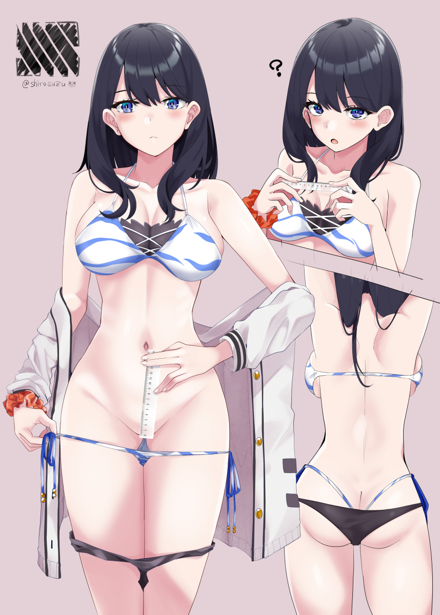 shirosuzu, takarada rikka, gridman universe, ssss.gridman, highres, 1girl, arms up, ass, back, backboob, bare shoulders, bikini, black bikini, black hair, blue bikini, blue eyes, blush, breasts, butt crack, cardigan, cleavage, collarbone, female focus, groin, layered bikini, long hair, long sleeves, looking at viewer, measuring, medium breasts, multiple views, navel, off shoulder, open cardigan, open clothes, orange scrunchie, partially visible vulva, penis measuring, ruler, scrunchie, striped bikini, striped clothes, sweater, swimsuit, thighs, thong bikini, whale tail (clothing), white bikini, white sweater, wide hips, wrist scrunchie