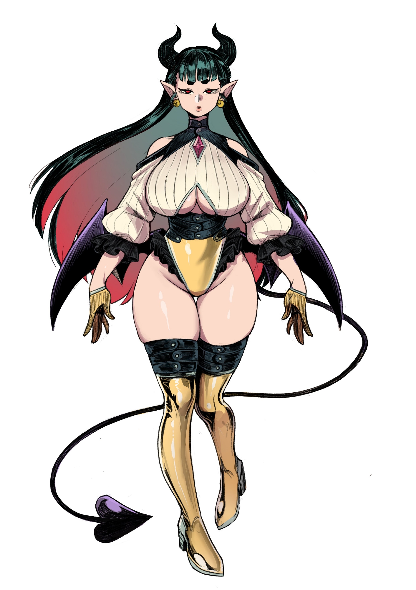 insouwu, charlotte (insouwu), original, highres, 1girl, boots, breasts, brown dress, cleavage, cleavage cutout, clothing cutout, colored inner hair, corset, demon girl, demon horns, demon tail, dress, earrings, expressionless, gloves, gold boots, gold leotard, green corset, green gloves, horns, jewelry, large breasts, leotard, long hair, multicolored hair, open mouth, platform boots, pointy ears, red eyes, red hair, shoulder cutout, simple background, skindentation, solo, sphere earrings, standing, standing on one leg, tail, thigh boots, white background
