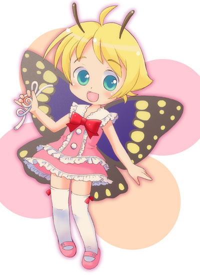 hatomugi (mamotan), shimon (shimotsuma), shimotsuma, 1boy, antennae, blonde hair, blush, bug, butterfly, crazy straw, crossdressing, crossdressing (mtf), dress, drinking straw, fairy, green eyes, holding, insect, looking at viewer, mary janes, open mouth, pink dress, pink shoes, shoes, short hair, sleeveless, sleeveless dress, smile, solo, thighhighs, white thighhighs, wings