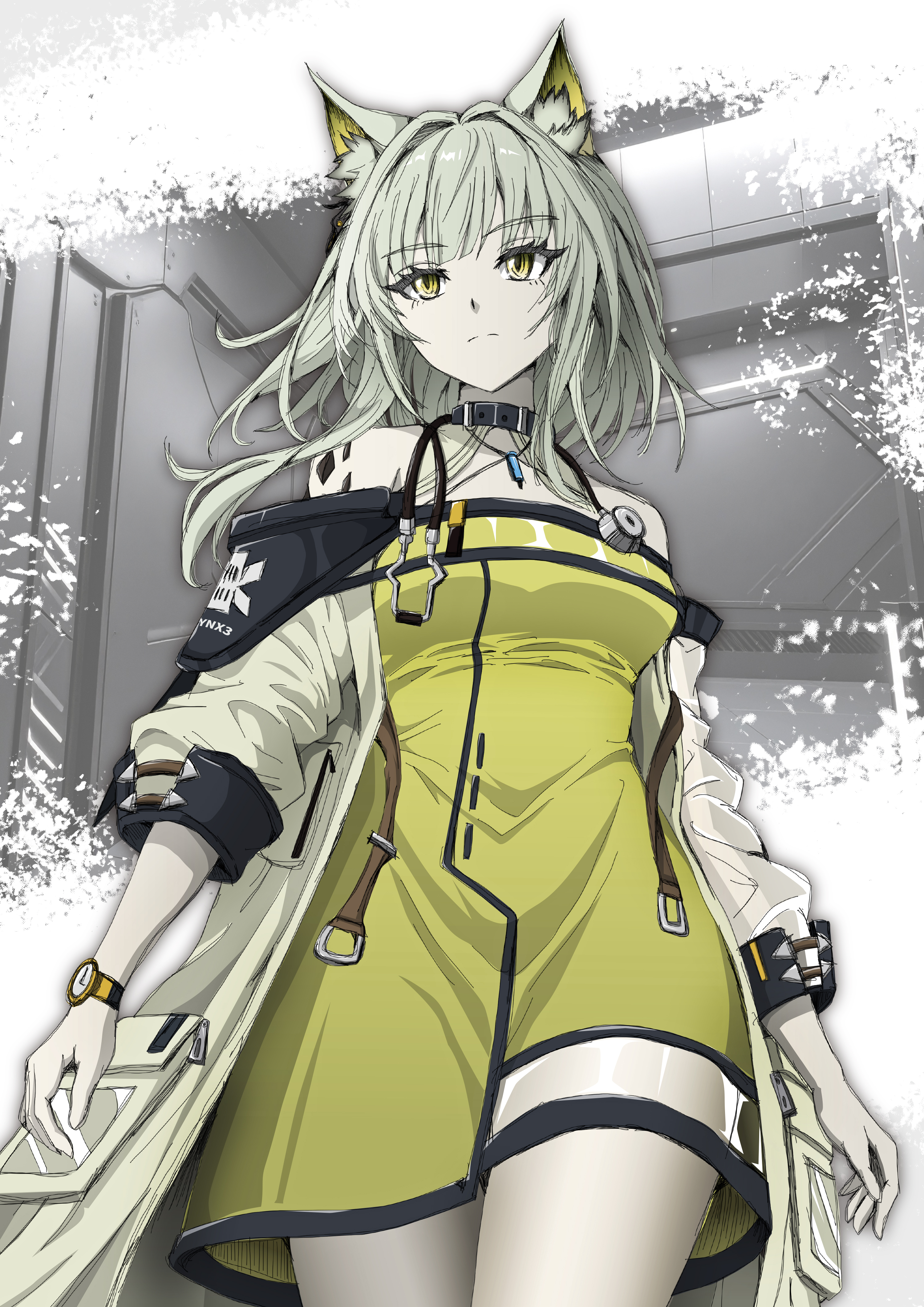 yoru (tokumori umaai), kal'tsit (arknights), arknights, absurdres, commentary, highres, 1girl, animal ear fluff, animal ears, arms at sides, bare shoulders, cat ears, cat girl, closed mouth, clothes writing, cowboy shot, dot nose, dress, frown, green dress, green eyes, green hair, hair intakes, halterneck, looking ahead, material growth, medium hair, off shoulder, oripathy lesion (arknights), pale skin, solo, split mouth, standing, stethoscope, stethoscope around neck, watch, wristwatch, yellow eyes