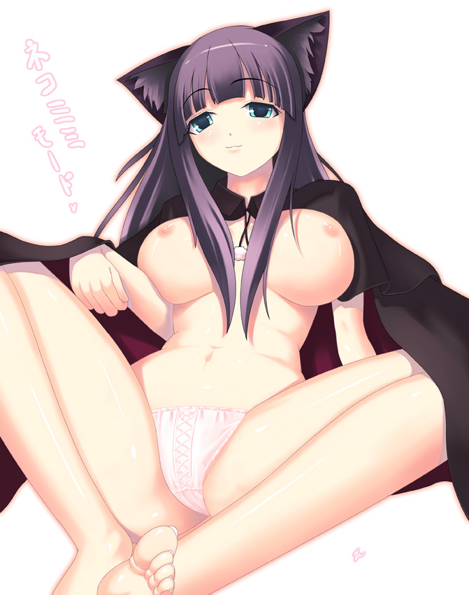 nanase shigure, hazuki (tsukuyomi), tsukuyomi moonphase, translated, 00s, 1girl, alternate breast size (larger), animal ears, barefoot, bow, bow panties, breasts, cat ears, feet, female focus, huge breasts, large breasts, nipples, panties, solo, toes, topless female, underwear, underwear only, white panties