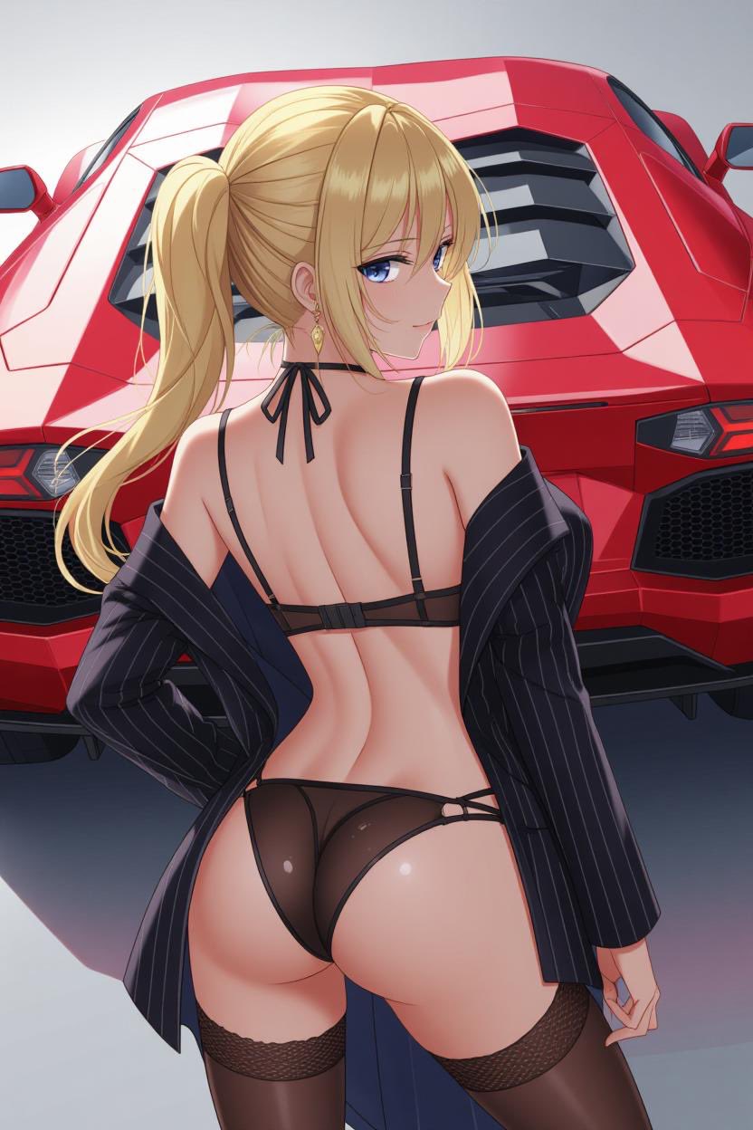 ani (xai), grok (xai), lamborghini, blonde hair, blue eyes, bra, business suit, earrings, eyes visible through hair, formal clothes, jewelry, lace, lace-trimmed thighhighs, lace trim, suit, thighhighs, underwear
