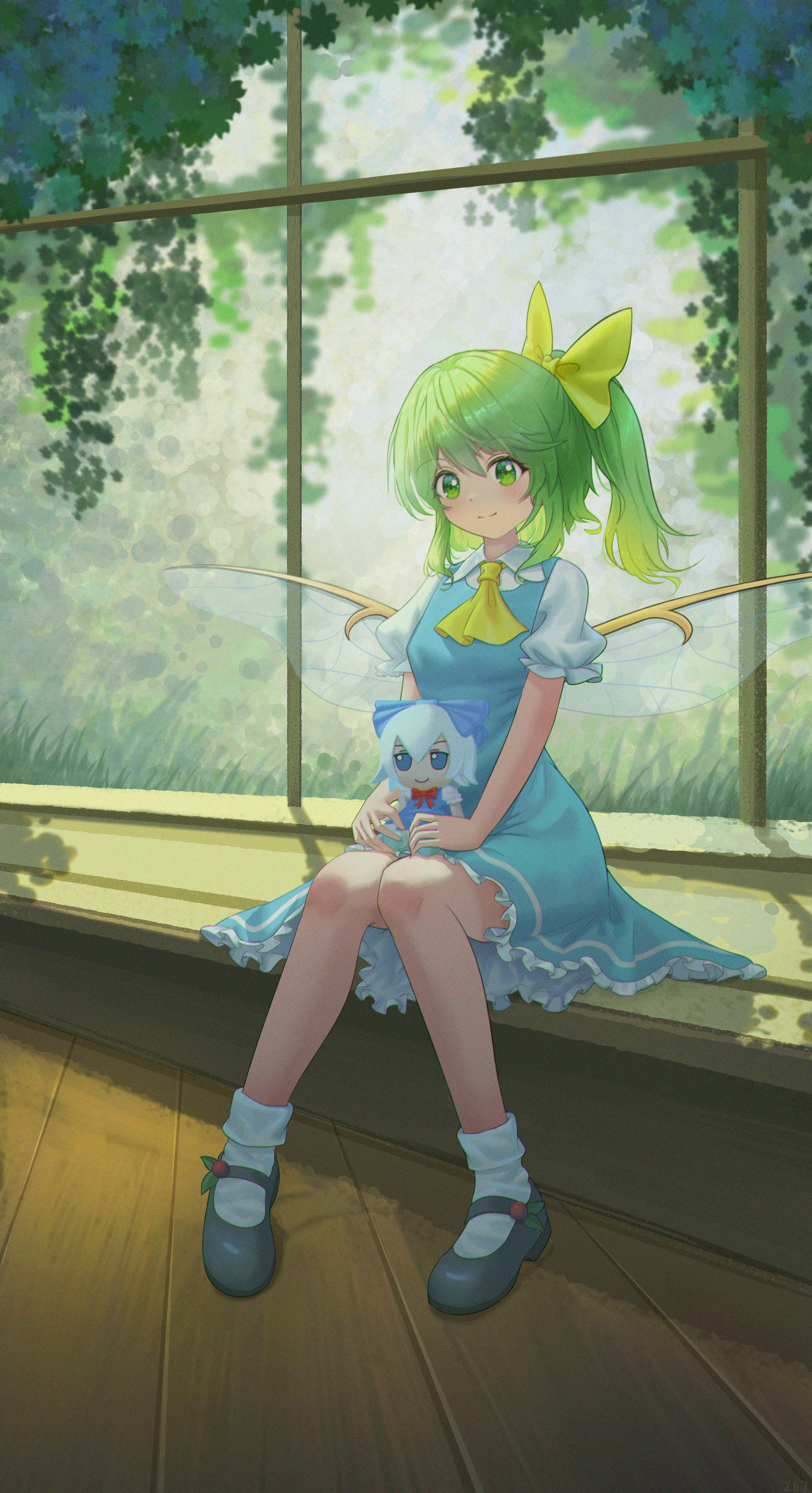 cirno, daiyousei, touhou, absurdres, commentary request, highres, 1girl, black shoes, blue dress, bow, character doll, doll, dress, fairy, fairy wings, foliage, fumo (doll), grass, green eyes, green hair, hair bow, holding, holding stuffed toy, knee blush, knees, mary janes, medium hair, plant, puffy short sleeves, puffy sleeves, shirt, shoes, short sleeves, side ponytail, sitting, smile, socks, solo, split mouth, stuffed toy, toorooo, vines, white shirt, white socks, wings, wooden floor, yellow bow