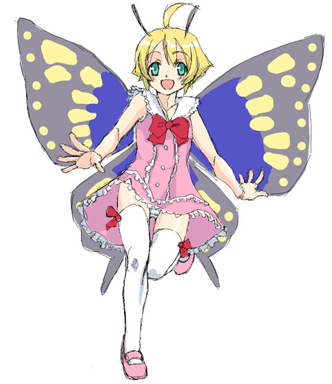 satou atsuki, shimon (shimotsuma), shimotsuma, antennae, blonde hair, bow, dress, fairy, frills, green eyes, mary janes, panties, pink dress, pink shoes, shoes, short hair, solo, thighhighs, trap, underwear, white panties, white thighhighs, wings