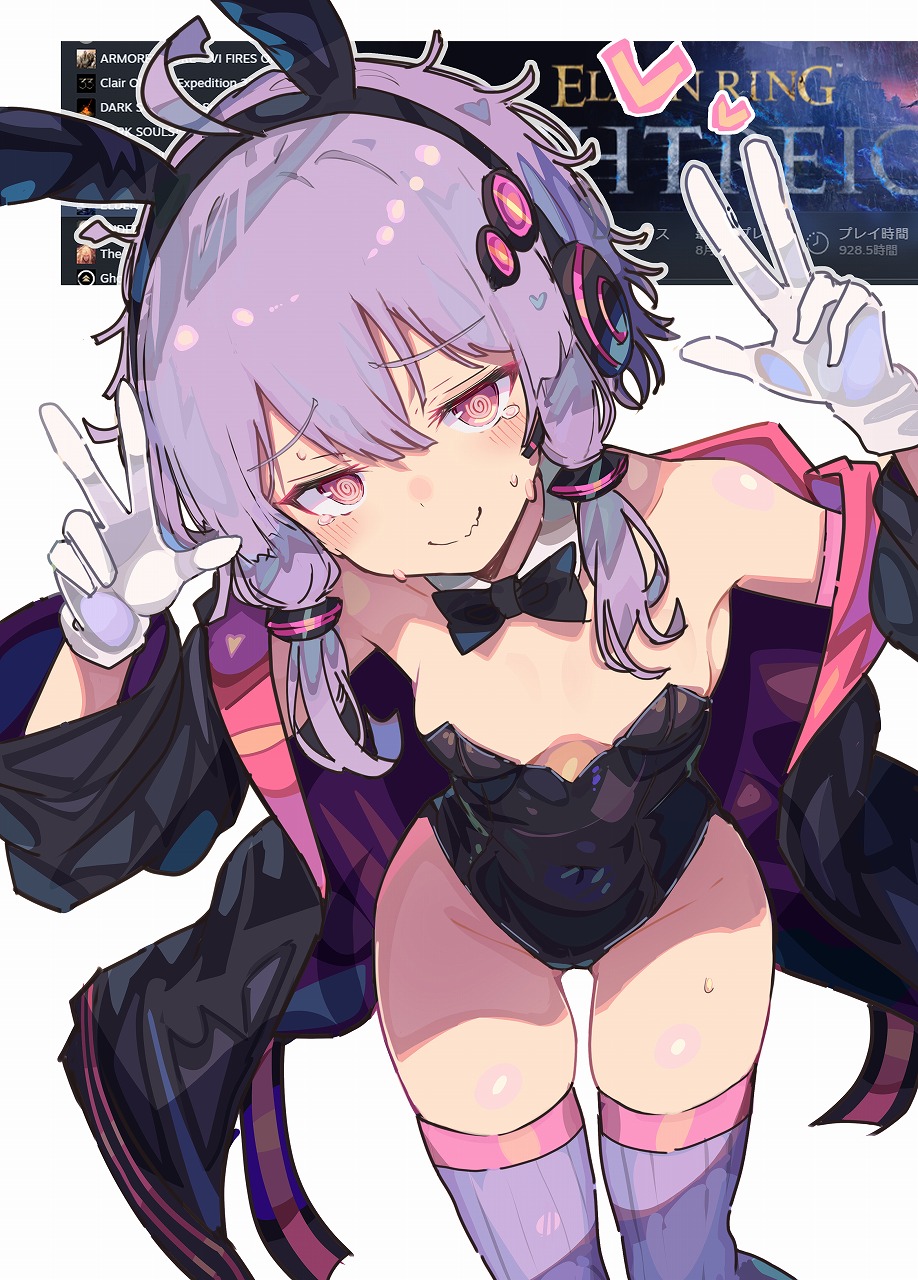kujira hebi, yuzuki yukari, elden ring, elden ring nightreign, vocaloid, voiceroid, commentary request, highres, 1girl, @ @, ahoge, animal ears, black bow, black bowtie, black leotard, blue jacket, blush, bow, bowtie, breasts, closed mouth, cowboy shot, detached collar, double w, fake animal ears, gloves, hair between eyes, hair ornament, hands up, jacket, leotard, long sleeves, looking at viewer, open clothes, open jacket, purple eyes, purple hair, purple thighhighs, rabbit ears, short hair with long locks, small breasts, smile, solo, strapless, strapless leotard, sweat, thighhighs, w, white gloves