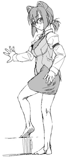 satou atsuki, 2k-tan, os-tan, 1girl, barefoot, feet, female focus, glasses, greyscale, monochrome, pencil skirt, skirt, solo