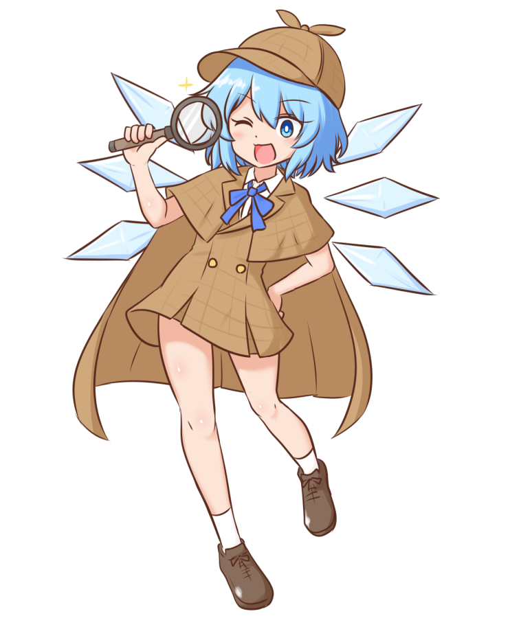 mizusoba, cirno, touhou, commentary request, 1girl, ;d, alternate costume, ankle socks, blue bow, blue bowtie, blue eyes, blue hair, bow, bowtie, bright pupils, brown cape, brown dress, brown hat, brown shoes, cape, detective, dress, full body, hair between eyes, hand on own hip, hat, looking at viewer, magnifying glass, newsboy cap, one eye closed, open mouth, peaked cap, plaid clothes, plaid dress, shoes, short dress, short hair, simple background, smile, socks, solo, sparkle, standing, white background, white pupils, white socks