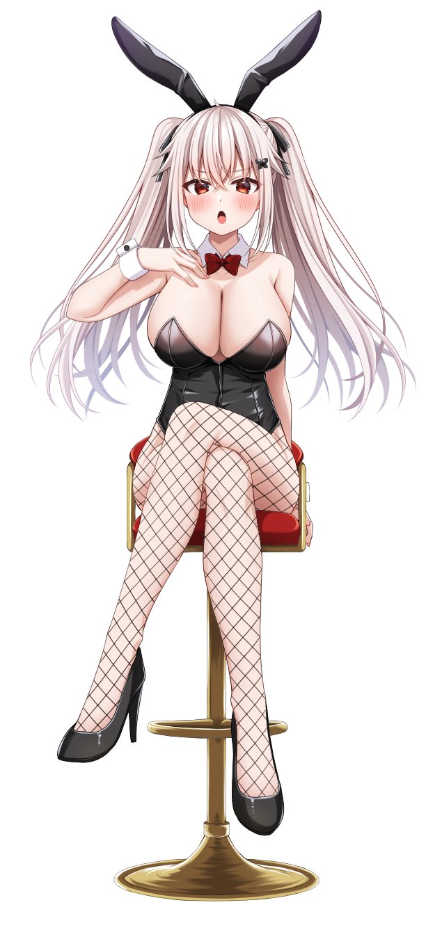 komori kuzuyu, etna (kuzuyu), original, commentary request, highres, 1girl, animal ears, bare shoulders, black leotard, black shoes, bow, bowtie, breasts, bunny day, cleavage, crossed legs, detached collar, fake animal ears, fishnet pantyhose, fishnets, hair bow, hair ornament, hand on own chest, high heels, highleg, highleg leotard, large breasts, leotard, long hair, looking at viewer, open mouth, pantyhose, playboy bunny, rabbit ears, red eyes, shoes, simple background, sitting, solo, stool, strapless, strapless leotard, twintails, v-shaped eyebrows, white background, white hair, wrist cuffs