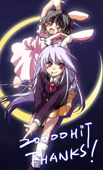 kurudaz, inaba tewi, reisen udongein inaba, touhou, looking away, white legwear, >:), 2girls, :d, animal ears, black hair, blazer, blush stickers, dress, female focus, jacket, jumping, long hair, looking at viewer, milestone celebration, moon, mouth hold, multiple girls, necktie, open mouth, pink dress, pleated skirt, purple hair, rabbit ears, running, skirt, smile, v-shaped eyebrows, very long hair, wavy hair