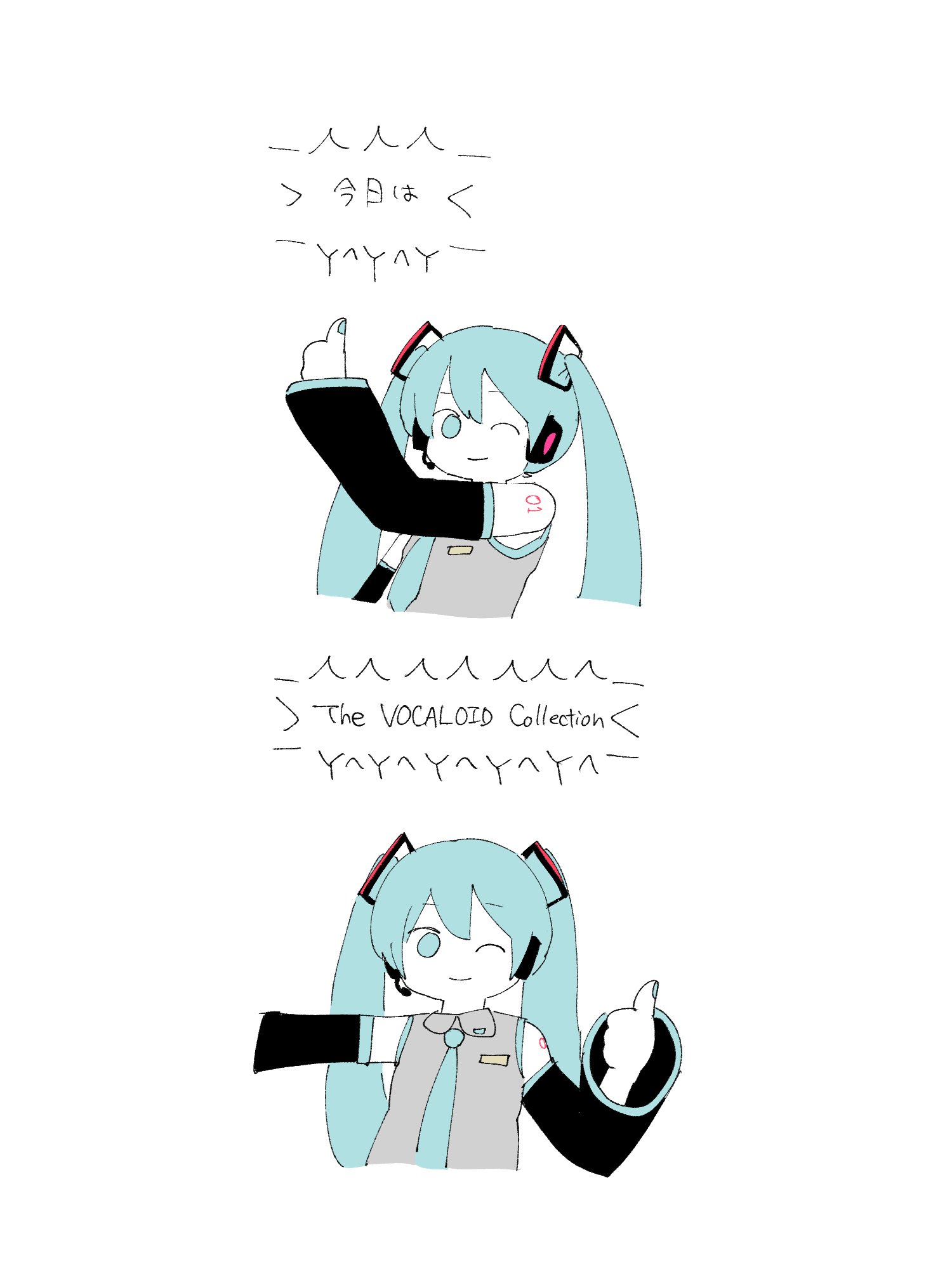 iyowa (igusuri please), hatsune miku, vocaloid, highres, translation request, 1girl, ;), aqua eyes, aqua hair, aqua nails, aqua necktie, arm tattoo, collared shirt, colored skin, detached sleeves, fingernails, flat color, grey shirt, headset, nail polish, necktie, number tattoo, one eye closed, shirt, smile, solo, tattoo, thumbs up, twintails, white skin