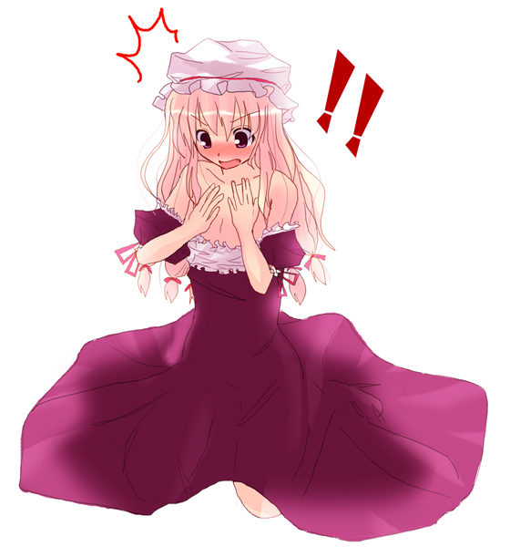 rikudou inuhiko, yakumo yukari, touhou, !, !!, 1girl, :o, alternate breast size (smaller), bare shoulders, blonde hair, blush, dress, female focus, flat chest, hat, kneeling, long hair, no bra, open mouth, purple dress, purple eyes, simple background, solo, surprised, white background