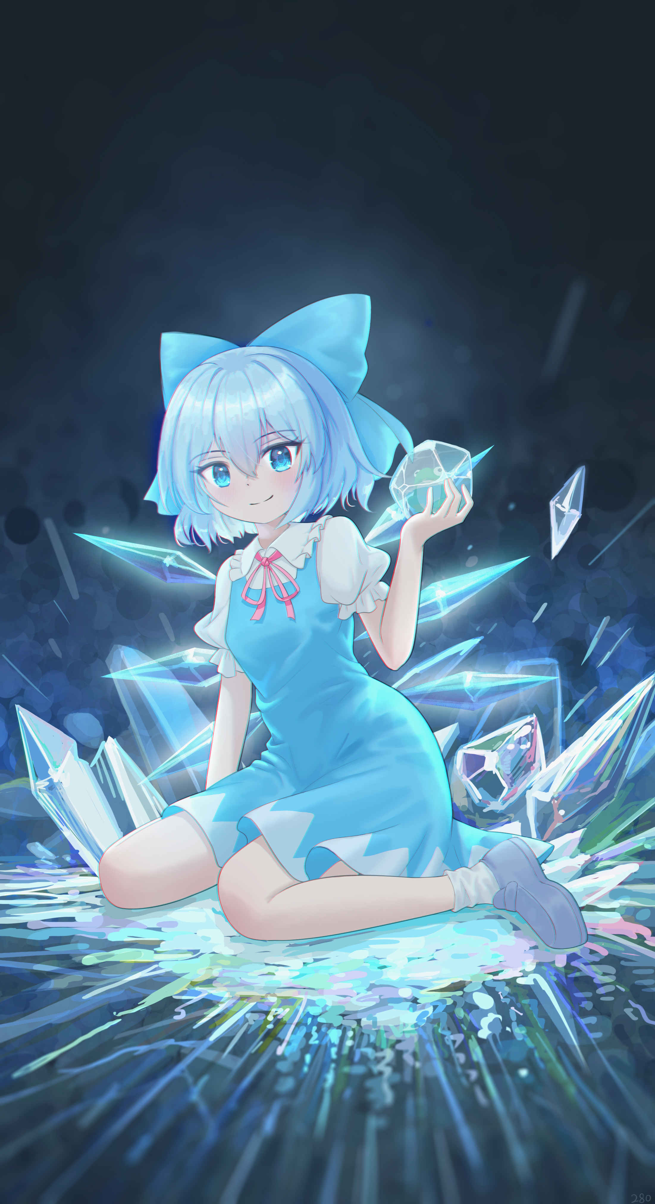 cirno, touhou, absurdres, commentary, commentary request, highres, 1girl, blue background, blue bow, blue dress, blue eyes, blue hair, blue shoes, bow, collar, collared shirt, crystal, dated commentary, dress, frilled collar, frills, frozen frog, glowing, hand up, head bow, ice, ice wings, kneeling, knees, light blush, light particles, puffy short sleeves, puffy sleeves, red ribbon, ribbon, shirt, shoes, short hair, short sleeves, smile, socks, solo, split mouth, toorooo, white shirt, white socks, wings