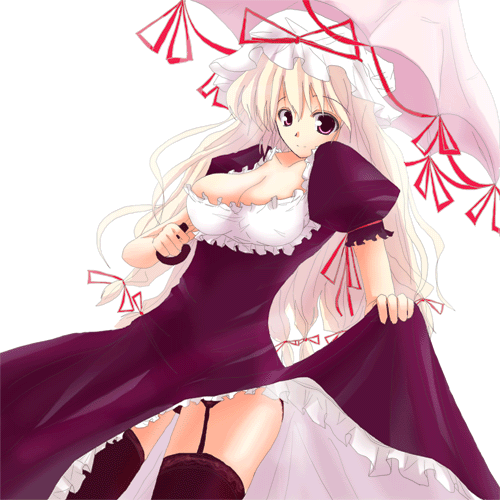 yakumo yukari, touhou, lowres, 1girl, blonde hair, breasts, cleavage, female focus, garter belt, hat, large breasts, long hair, purple eyes, solo, thighhighs, thighs, umbrella, white background