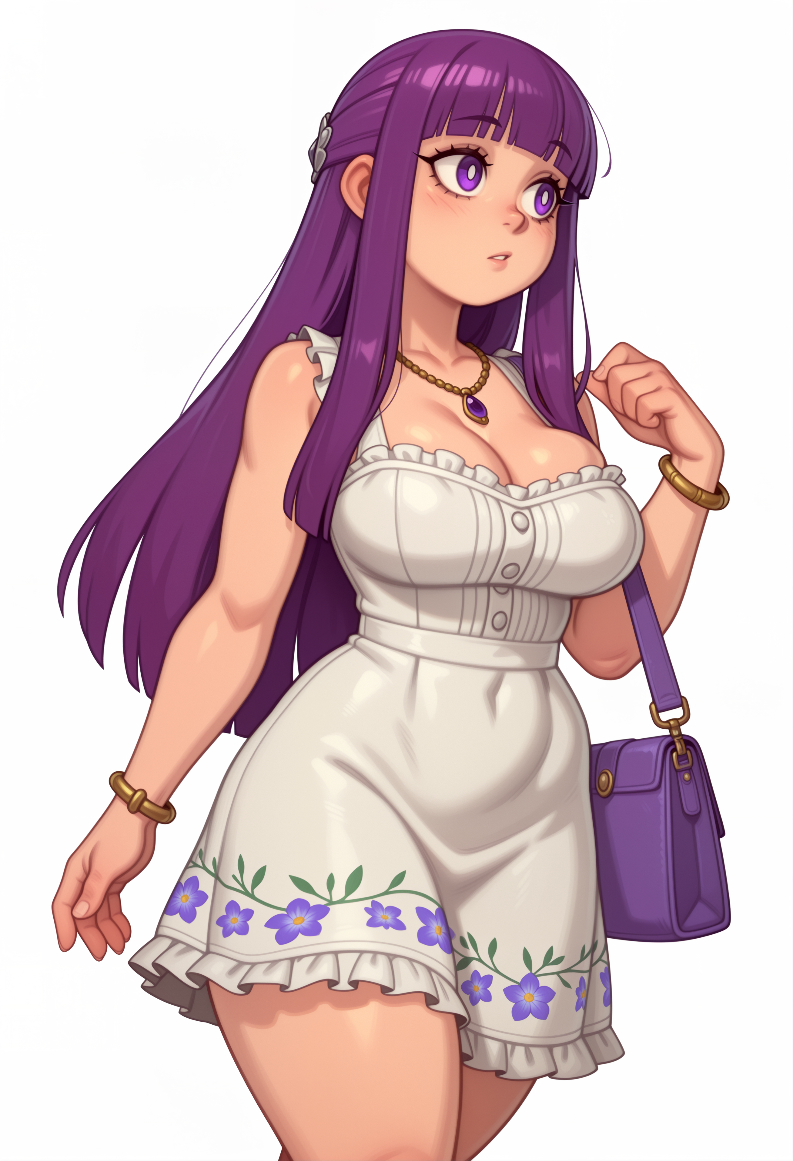 fern (sousou no frieren), sousou no frieren, absurdres, commentary, english commentary, highres, 1girl, alternate costume, bag, blunt bangs, bracelet, breasts, cleavage, collarbone, covered navel, cowboy shot, dress, floral print, floral print dress, hair ornament, jewelry, large breasts, long hair, necklace, parted lips, pearl necklace, print dress, purple eyes, purple hair, short dress, shoulder bag, simple background, skulljack, sleeveless, sleeveless dress, solo, straight hair, sundress, walking, white background, white dress