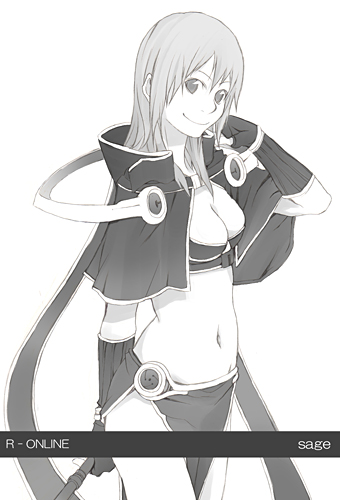 yoshito, sage (ragnarok online), ragnarok online, lowres, 1girl, bandeau, breasts, cleavage, female focus, greyscale, monochrome, pelvic curtain, solo, white background