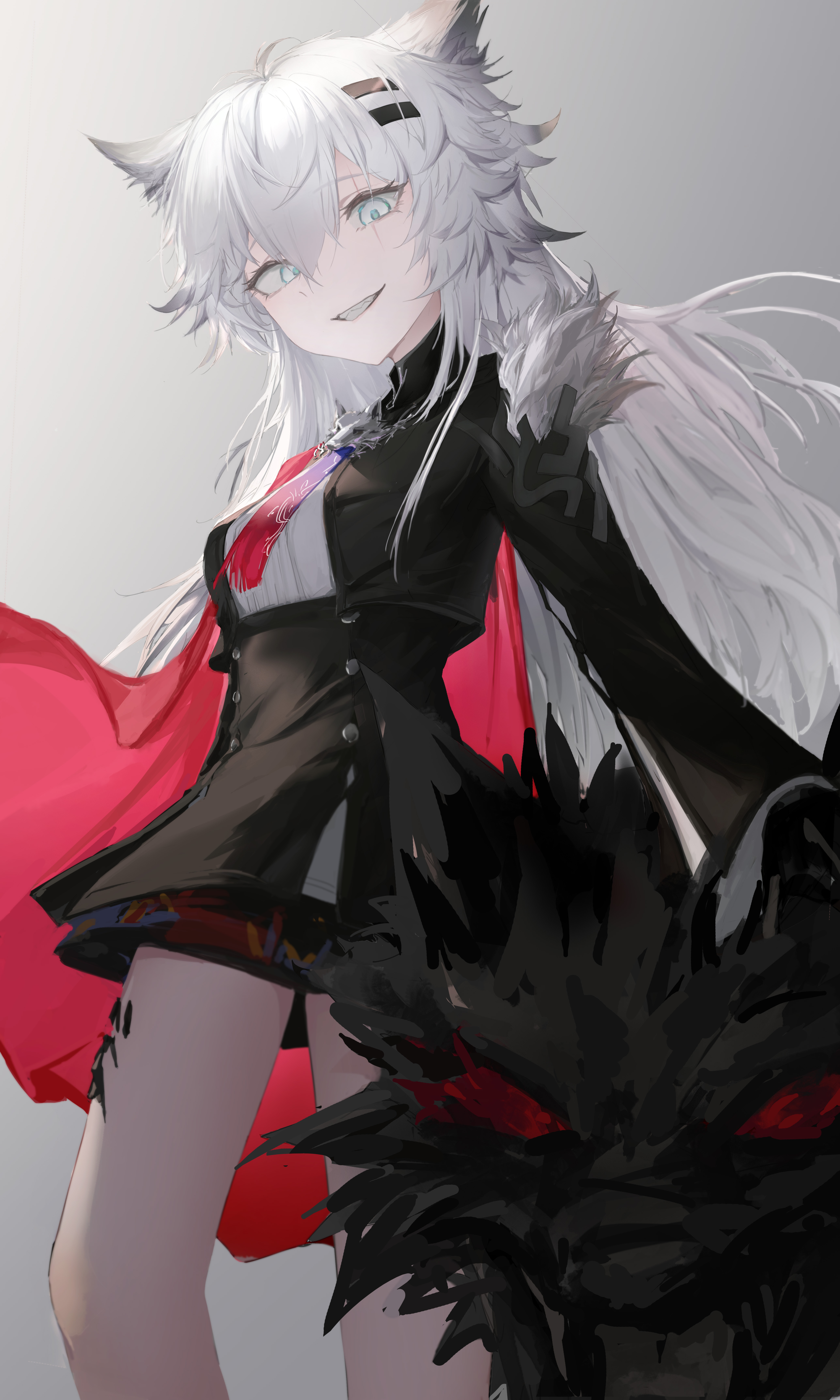 lappland (arknights), lappland the decadenza (arknights), arknights, absurdres, chinese commentary, commentary request, highres, 1girl, animal ears, bolo tie, cape, cowboy shot, grey background, grey eyes, grin, hair between eyes, hair ornament, hairclip, lia zhuyu, long hair, long sleeves, looking at viewer, material growth, monster, oripathy lesion (arknights), red cape, smile, solo, standing, white hair, wolf ears, wolf girl