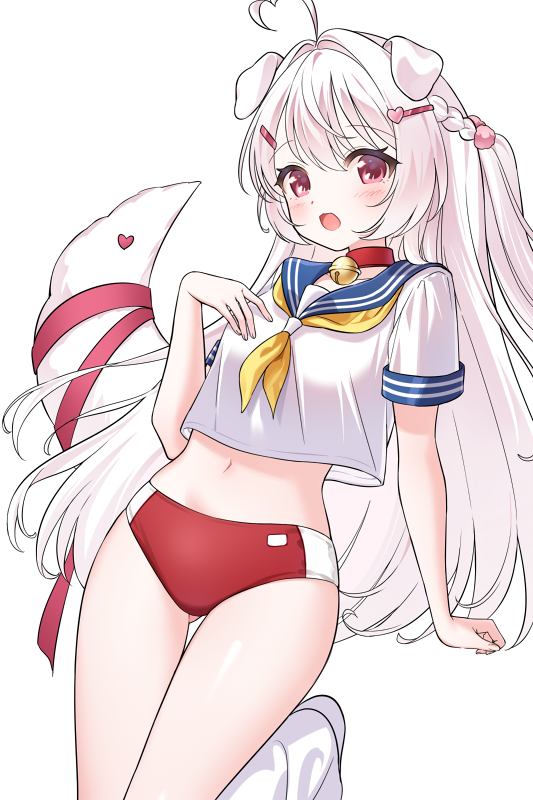 poi1107, original, 1girl, ahoge, animal ears, bell, braid, brown hair, buruma, collar, dog ears, dog girl, dog tail, gluteal fold, hair ornament, hairclip, hand on own chest, heart, heart ahoge, jingle bell, kneehighs, leg up, long hair, navel, neck bell, open mouth, ponytail, red buruma, red eyes, ribbon, school uniform, serafuku, shirt, short sleeves, socks, solo, standing, standing on one leg, stomach, tail, tail ornament, tail ribbon, thigh gap, thighs, white shirt, white socks