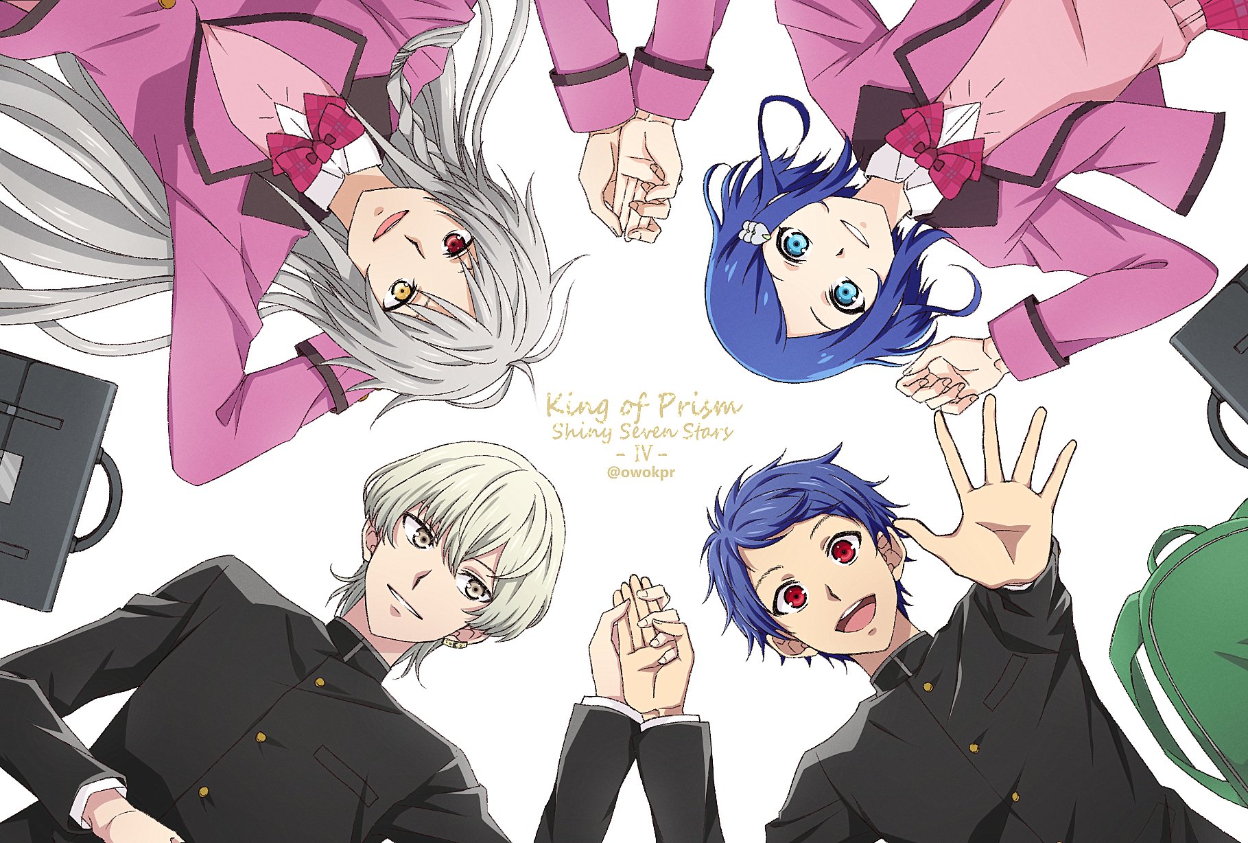 ichijou shin, kisaragi louis, rinne (pretty rhythm), king of prism: shiny seven stars, pretty rhythm, pretty series, highres, 1girl, 3boys, backpack, bag, black jacket, blonde hair, blue eyes, blue hair, braid, chii (owokpr), circle formation, copyright name, foreshortening, gakuran, grey hair, hand up, heterochromia, jacket, king of prism, long hair, long sleeves, looking at another, looking at viewer, lying, multiple boys, on back, open mouth, outstretched arm, pink jacket, reaching, reaching towards viewer, red eyes, school uniform, shine (pretty series), shirt, short hair, side braid, simple background, smile, upper body, upside-down, vest, white background, white shirt, yellow eyes