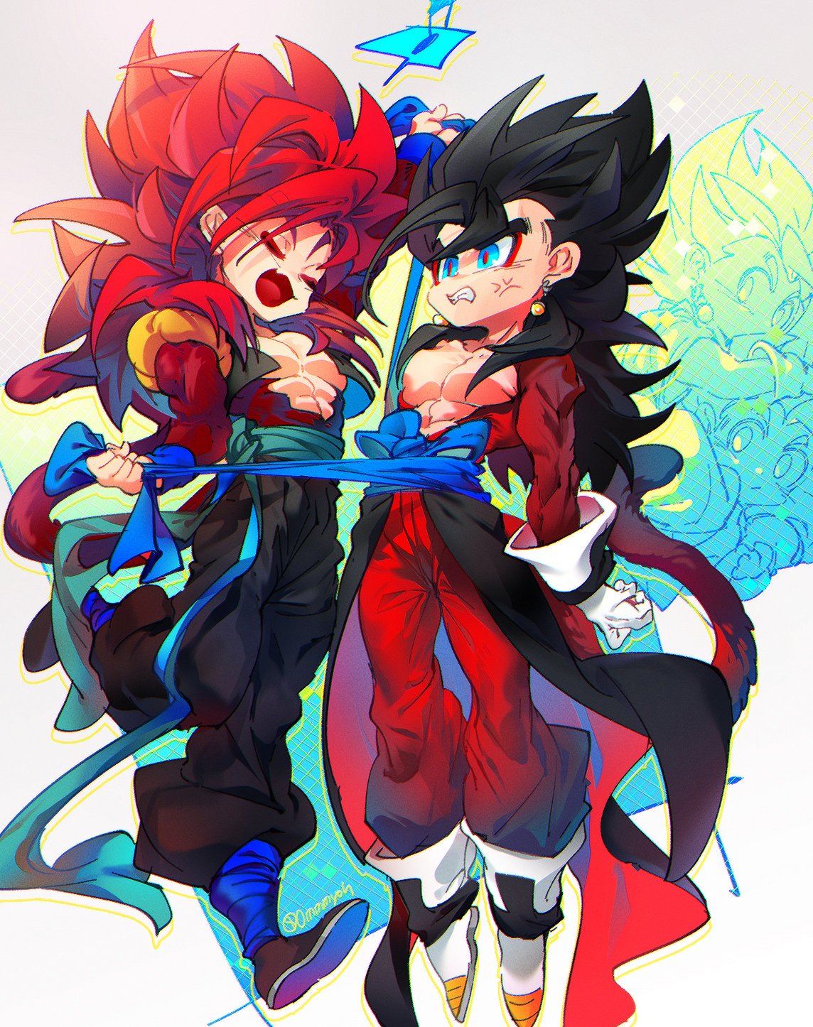 ommmyoh, gogeta, gogeta (xeno), vegetto, vegetto (xeno), dragon ball, dragon ball heroes, highres, black hair, blue eyes, blue sash, dougi, earrings, gloves, jewelry, male focus, metamoran vest, monkey boy, monkey tail, multiple boys, muscular, muscular male, open mouth, pants, potara earrings, red fur, red hair, saiyan, sash, smile, spiked hair, super saiyan, super saiyan 4, tail, time patrol (dragon ball), twitter username
