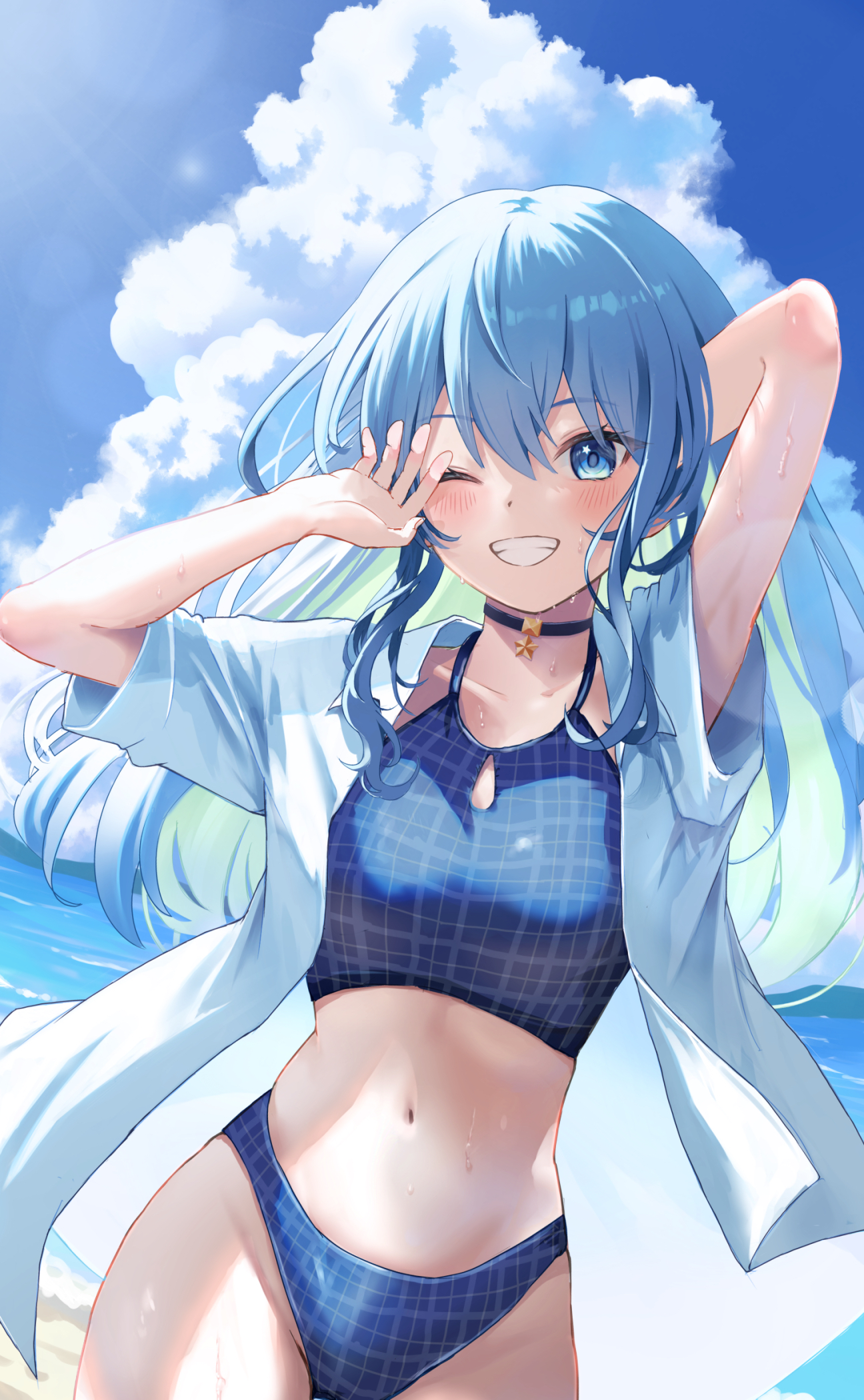 kwnri, hoshimachi suisei, hololive, hololive english, highres, 1girl, arm behind head, beach, bikini, blue bikini, blue choker, blue eyes, blue hair, blue sky, blush, choker, cloud, cloudy sky, collarbone, day, grin, halterneck, hand in own hair, jewelry, long hair, looking at viewer, navel, ocean, one eye closed, open clothes, open mouth, outdoors, pendant choker, plaid bikini, plaid clothes, shirt, sky, smile, solo, standing, star (symbol), star choker, star in eye, star pendant, stomach, summer, sunlight, swimsuit, symbol in eye, virtual youtuber, water, wet, white shirt