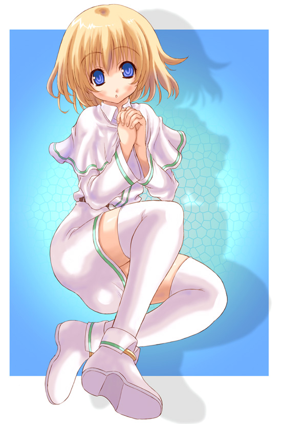 jounoji, original, 1girl, @ @, blonde hair, blue eyes, female focus, ringed eyes, short hair, solo, thighhighs, zettai ryouiki