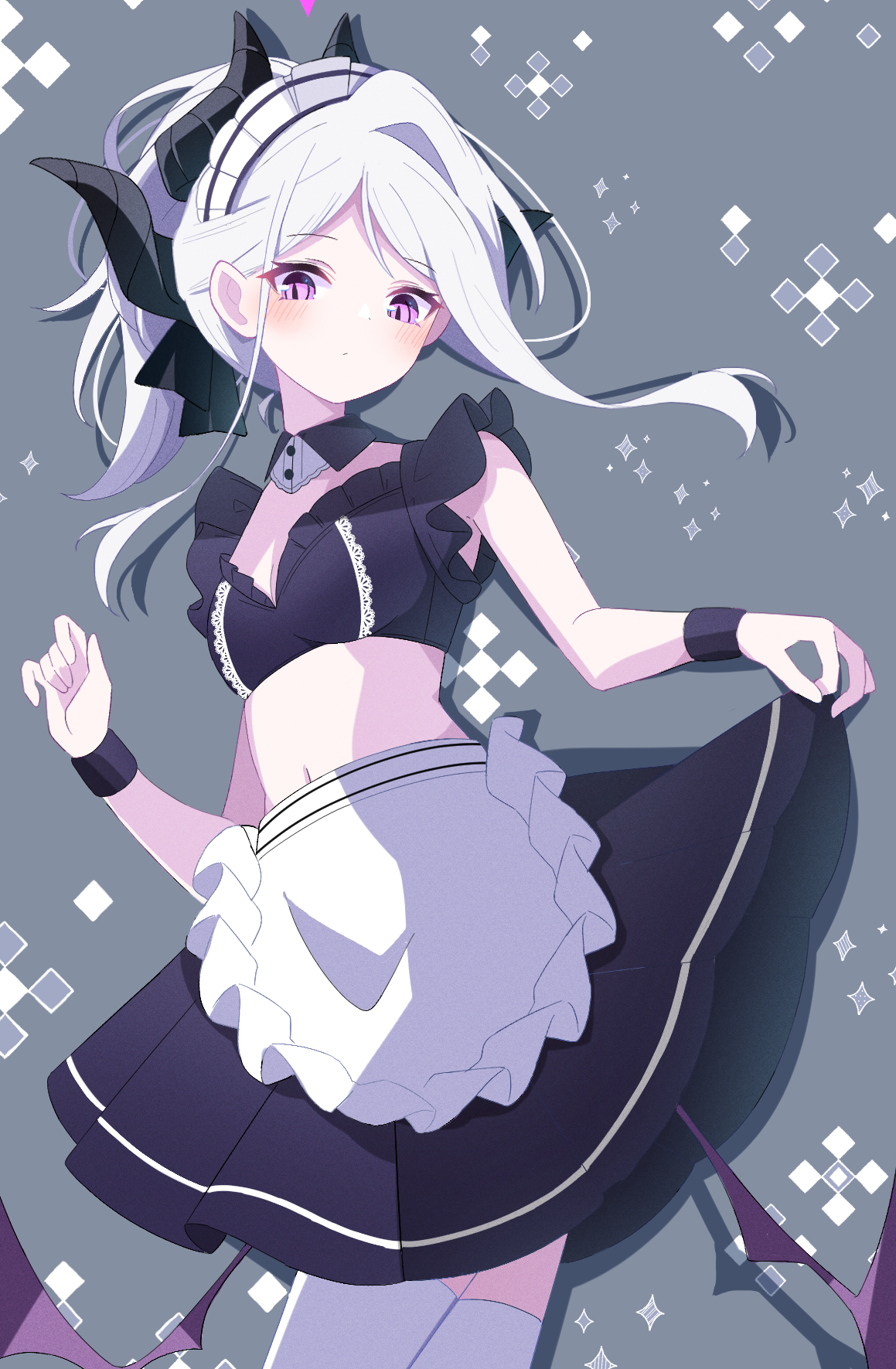 sasanoha (sasanoha0712), hina (blue archive), blue archive, highres, 1girl, ahoge, apron, black halo, blush, breasts, demon girl, demon horns, demon wings, halo, horns, long hair, looking at viewer, maid, maid apron, maid headdress, navel, purple eyes, small breasts, solo, standing, white hair, wings