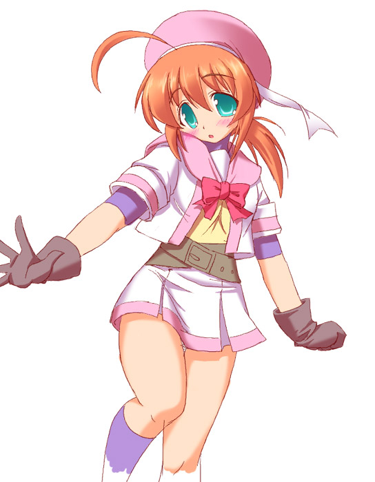 hirorin, nekono matatabi, magical hop, character request, 1girl, ahoge, aqua eyes, beret, female focus, gloves, hat, orange hair, red hair, simple background, skirt, solo, white background