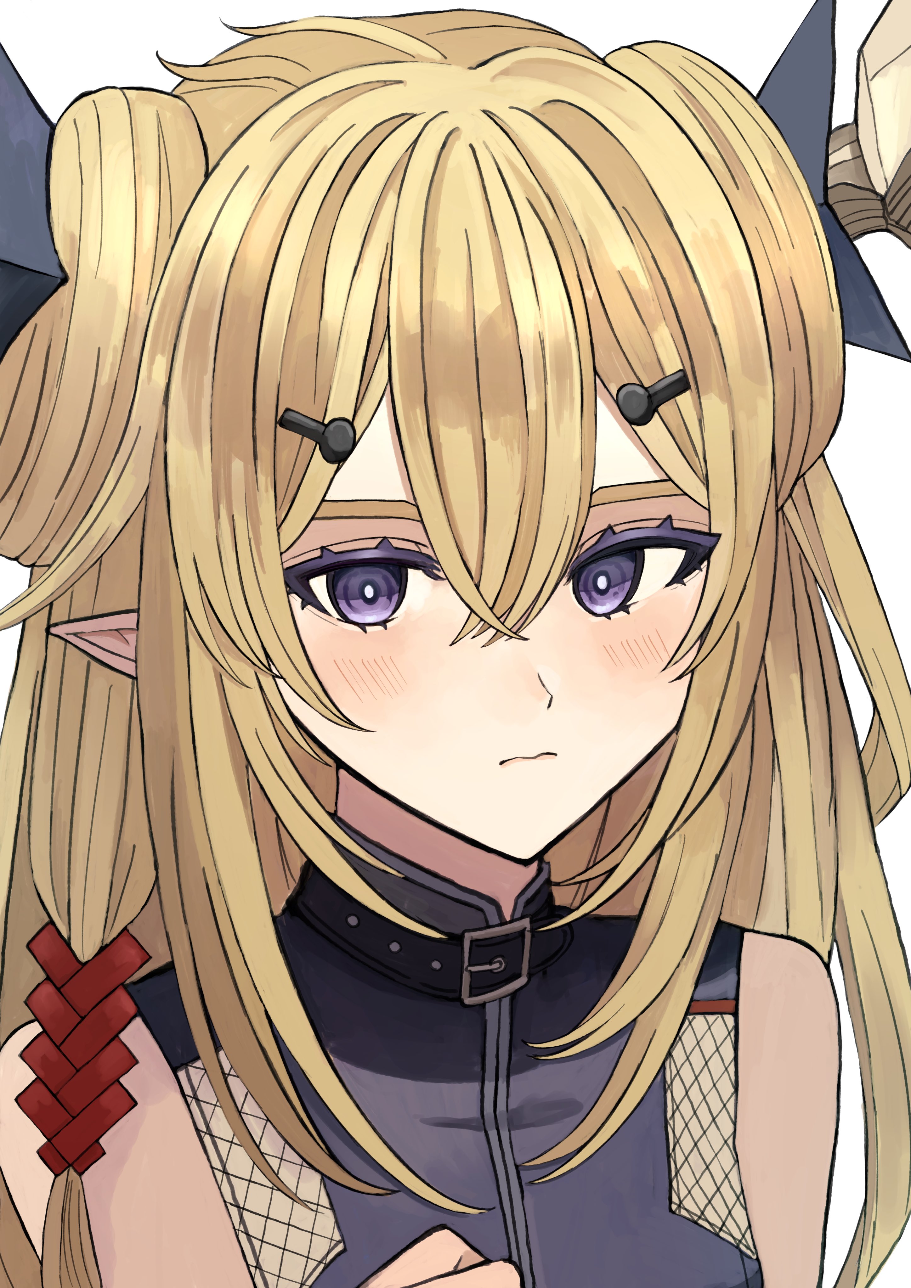 udo (akn otk), leizi (arknights), arknights, absurdres, commentary, highres, 1girl, bare shoulders, belt, belt buckle, belt collar, black belt, black collar, blonde hair, blush, bright pupils, buckle, closed mouth, collar, crossed bangs, hair between eyes, hair ornament, hairclip, long hair, looking at viewer, pointy ears, purple eyes, simple background, solo, white background, white pupils