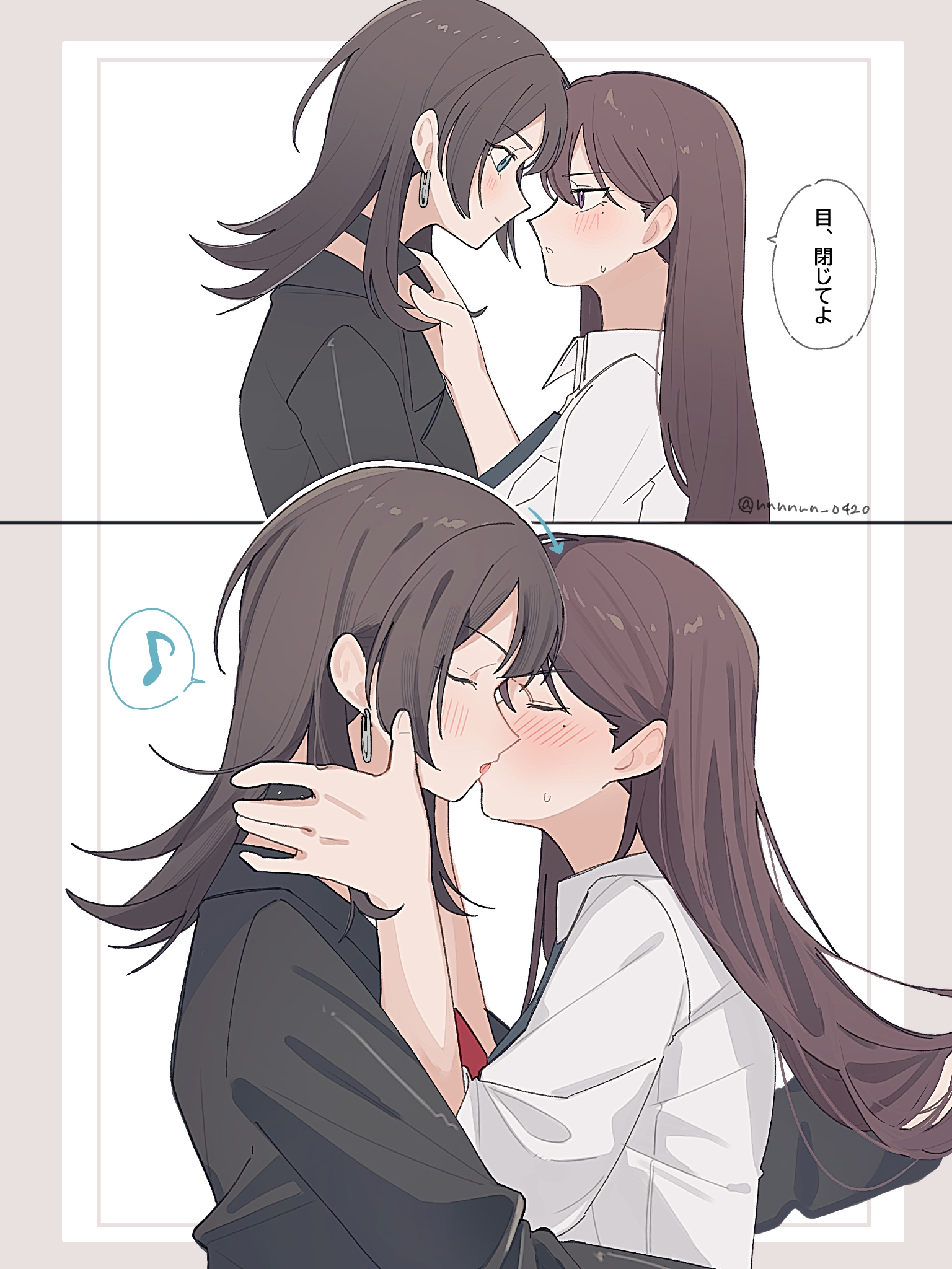 nanami (nunnun 0410), shiina taki, yahata umiri, bang dream!, bang dream! it's mygo!!!!!, commentary, highres, translation request, 2girls, black choker, black jacket, blue eyes, blush, brown hair, choker, choker pull, earrings, eye contact, french kiss, jacket, jewelry, kiss, long hair, looking at another, mole, mole under eye, multiple girls, purple eyes, sweatdrop, upper body, white jacket, yuri