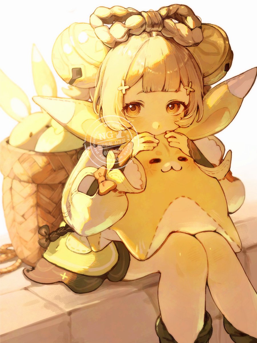 man015s, yaoyao (genshin impact), yuegui (genshin impact), genshin impact, commentary, highres, 1girl, backpack basket, bell, blunt bangs, blush, boots, bow, bow-shaped hair, brown eyes, brown hair, feet out of frame, fur-trimmed boots, fur trim, hair bell, hair ornament, long sleeves, looking at viewer, red bow, short hair, sitting, skirt, sleeve bow, solo, watermark, yellow skirt