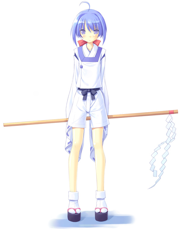 poco (asahi age), ichijou akari, bakumatsu rouman, snk, white legwear, 1girl, ahoge, blue hair, blush, bow, female focus, full body, gohei, hair ribbon, japanese clothes, looking at viewer, miko, okobo, onmyouji, platform sandals, ponytail, ribbon, sandals, shide, short hair, shorts, simple background, solo, standing, tabi, white background