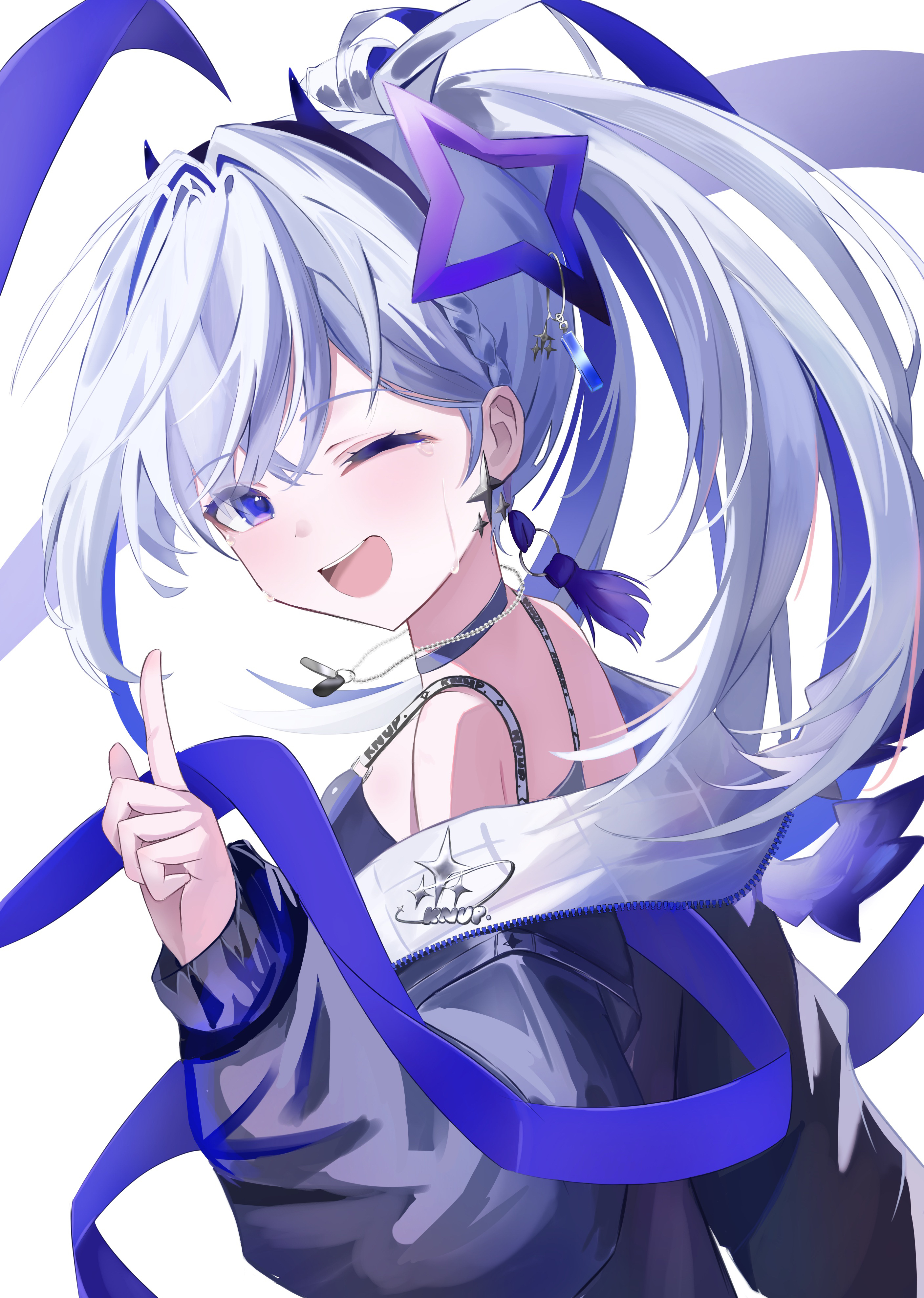 amane kanata, amane kanata (lock on), hololive, absurdres, highres, 1girl, angel wings, bare shoulders, black jacket, black sports bra, blush, braid, choker, dog tags, feathered wings, gradient wings, grey hair, hair between eyes, halo, happy, high ponytail, jacket, jewelry, long hair, looking at viewer, mini wings, multicolored hair, multicolored wings, necklace, one eye closed, open clothes, open jacket, open mouth, ponytail, purple eyes, simple background, smile, solo, sports bra, standing, star halo, streaked hair, two-sided fabric, two-sided jacket, unzipped, upper body, user xrgs2432, virtual youtuber, white background, wings